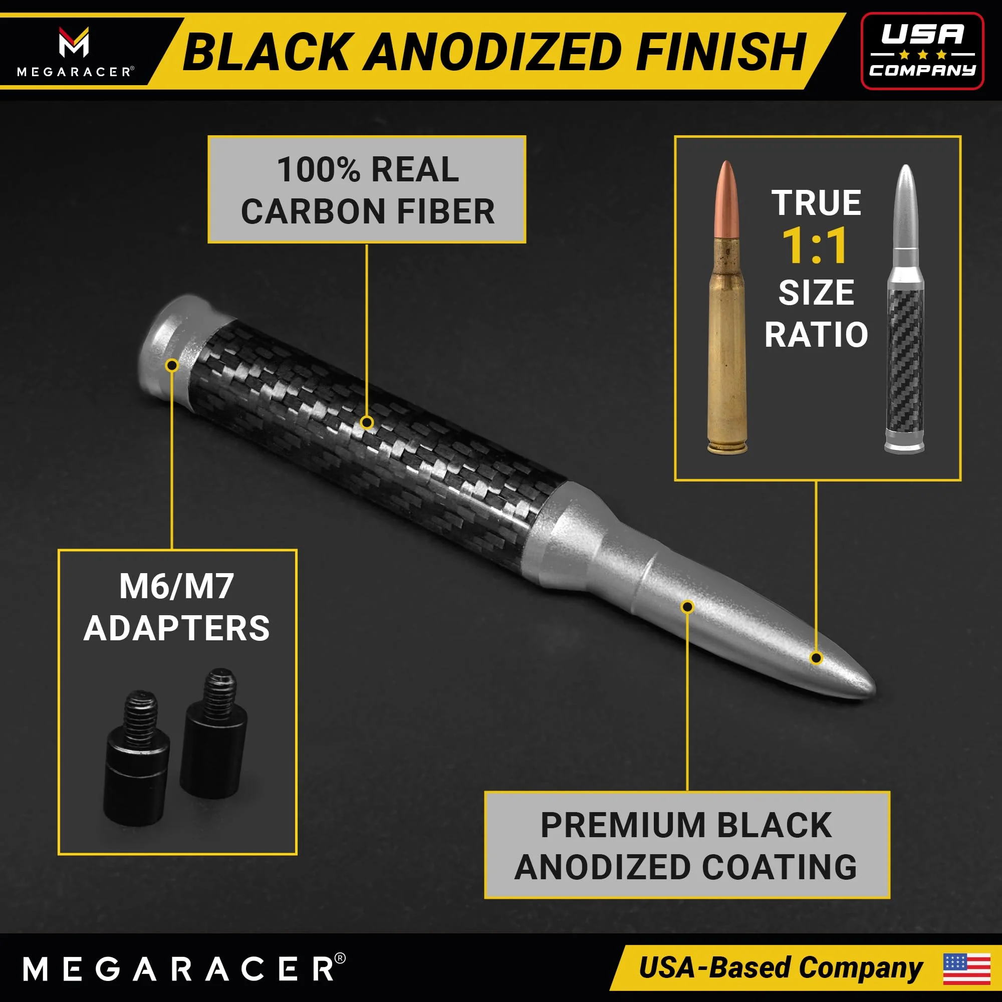 Anodized Silver Carbon Fiber 50 Cal Bullet Antenna for Chevy Silverado & GMC Sierra 1500 2500 (1999-2026) – Billet Aluminum, UV & Chip-Resistant, Car Wash Safe, Short Truck Replacement Accessories - Image 4