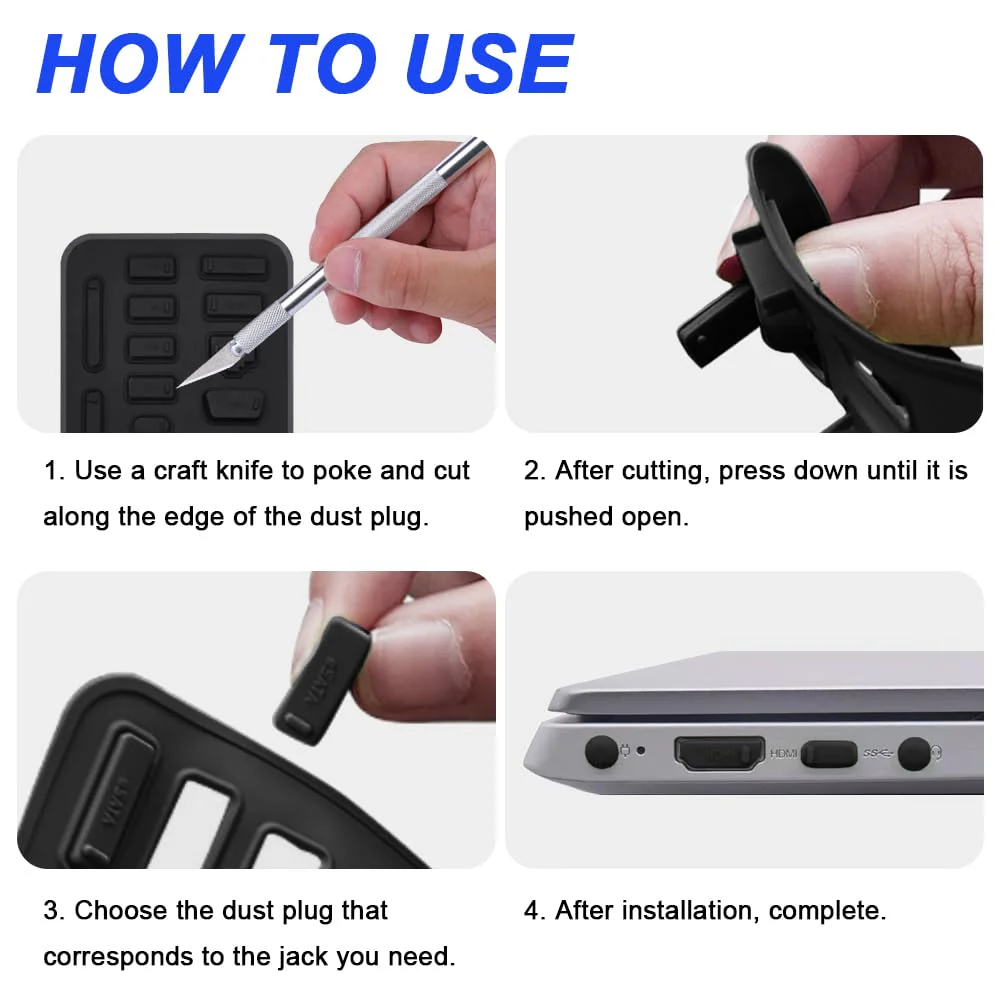 Anti-Dust Cover Plug Set, 10 Types of Laptop Computer Smartphone Port Dust Caps Stoppers for TV, Laptop, Computer, with Craft Knife (10 Set, Black & White) - Image 4