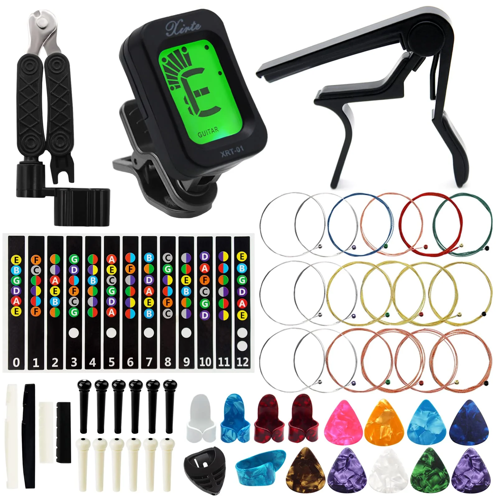 Anvin Acoustic Guitar Accessories Kit - Including Guitar Strings, Tuner, Capo, Restring Tool, Pick Holder, Bridge Pins, Guitar Nuts and Saddles, Finger Picks (53 Pcs) Update Kit-52Pcs