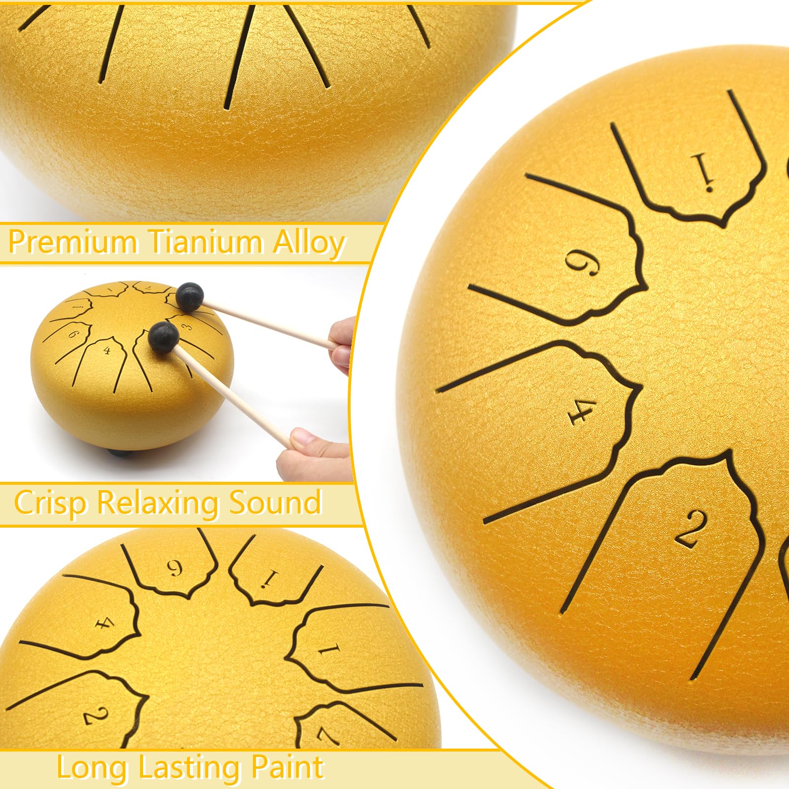 Anvin Steel Tongue Drum 6 Inch 8 Notes Metal Hand Drum with Drum Mallets Music Book Rain Drum Sound Healing Instruments for Meditation Yoga Zen Entertainment Gifts(Gold) Gold - Image 3
