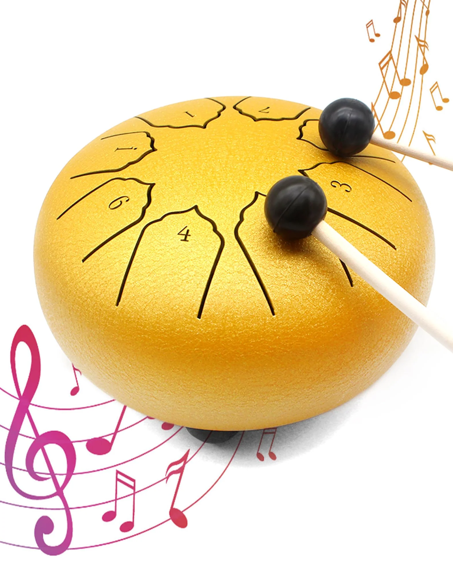 Anvin Steel Tongue Drum 6 Inch 8 Notes Metal Hand Drum with Drum Mallets Music Book Rain Drum Sound Healing Instruments for Meditation Yoga Zen Entertainment Gifts(Gold) Gold - Image 8