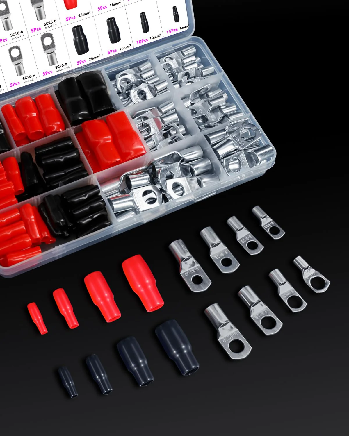 ANVINKU Pack of 140 Tube Cable Lugs, 25 mm² 16 mm² 10 mm² 6 mm² Cable Lugs Set for Car Battery Cable Set, 70 Tube Cable Lugs Set + 70 Sleeves, SC Tube Terminal Set, Cable Lugs for Car Boats 140pcs - Image 7