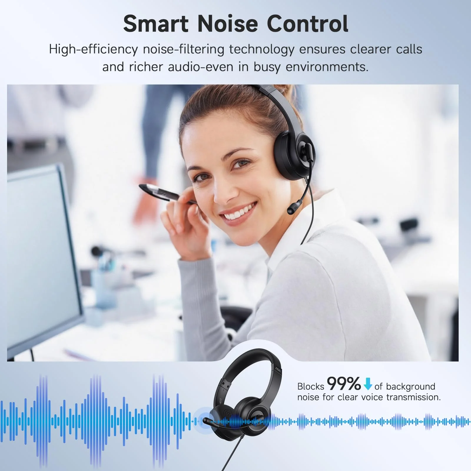 AOC USB Headset with Microphone for PC, Over-Ear Wired Headphones with Noise-Cancelling Mic, 40mm Audio Drivers, USB-A Computer Headset for Office, Teams, Call Centers & Online Meetings (Black) Black - Image 2