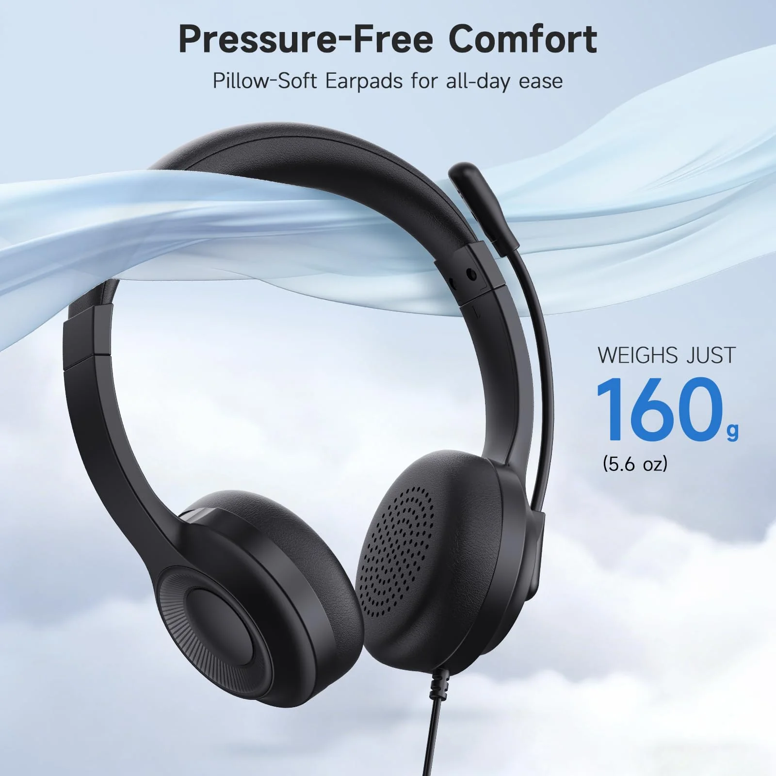 AOC USB Headset with Microphone for PC, Over-Ear Wired Headphones with Noise-Cancelling Mic, 40mm Audio Drivers, USB-A Computer Headset for Office, Teams, Call Centers & Online Meetings (Black) Black - Image 4