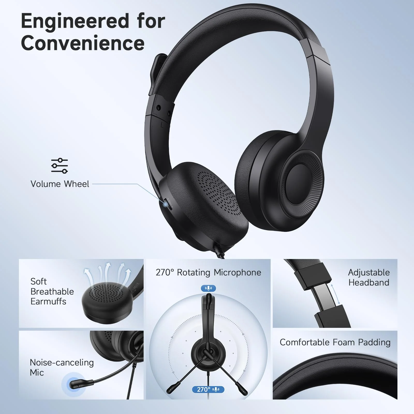 AOC USB Headset with Microphone for PC, Over-Ear Wired Headphones with Noise-Cancelling Mic, 40mm Audio Drivers, USB-A Computer Headset for Office, Teams, Call Centers & Online Meetings (Black) Black - Image 7