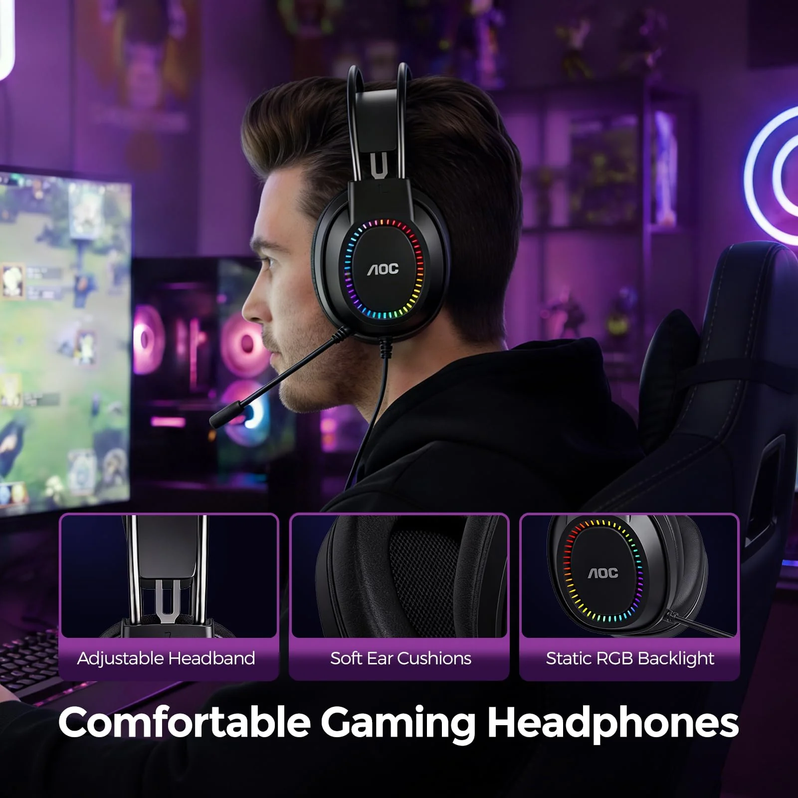 AOC Wired Gaming Headset with Mic, USB Gaming Headphone with Stereo Sound for PC/Laptop/PS4/PS5, 50mm Drivers RGB Corded Headphones for Game/Work/Music, ACG2500 - Image 2