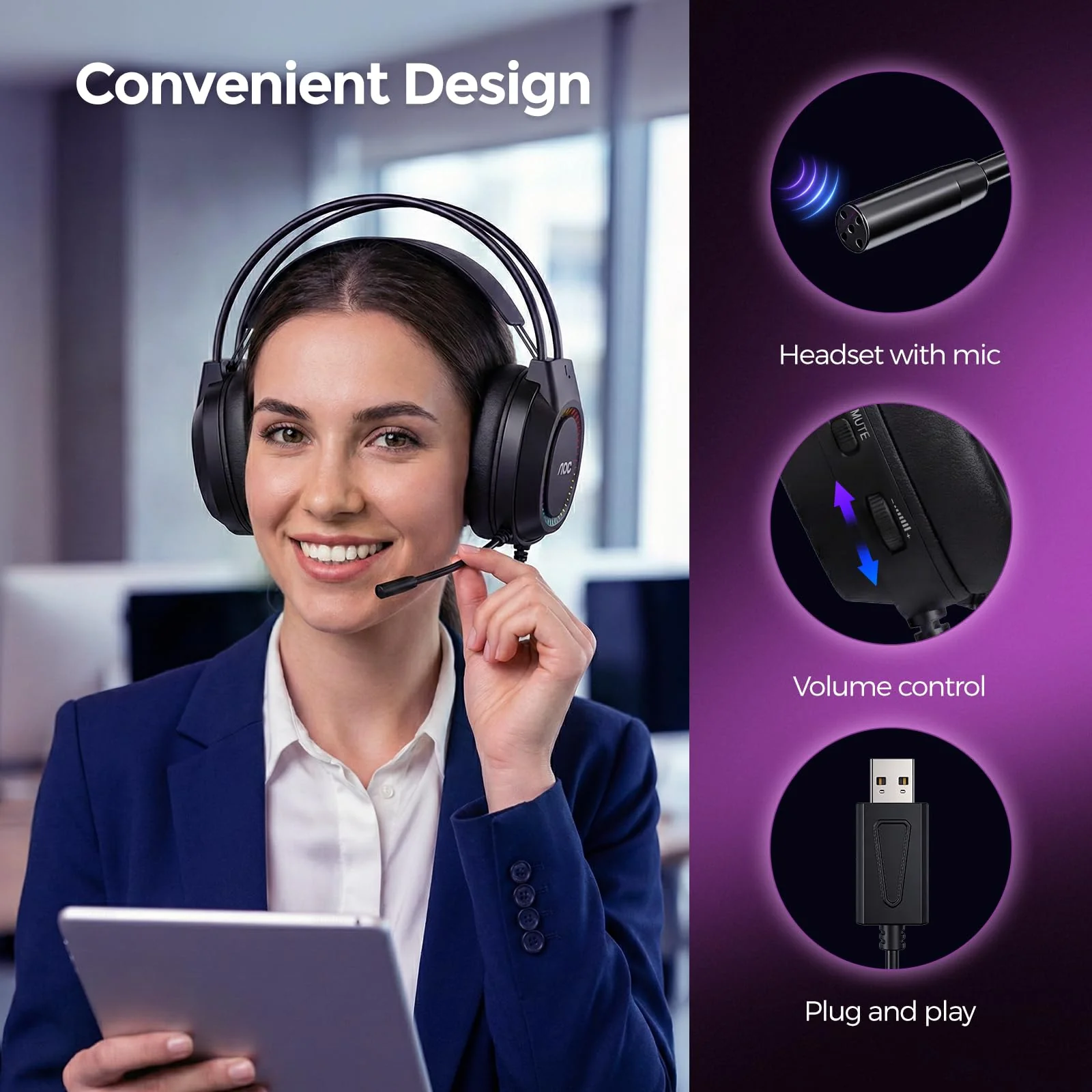 AOC Wired Gaming Headset with Mic, USB Gaming Headphone with Stereo Sound for PC/Laptop/PS4/PS5, 50mm Drivers RGB Corded Headphones for Game/Work/Music, ACG2500 - Image 4