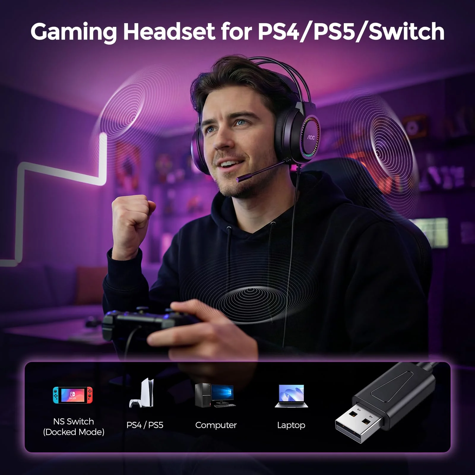 AOC Wired Gaming Headset with Mic, USB Gaming Headphone with Stereo Sound for PC/Laptop/PS4/PS5, 50mm Drivers RGB Corded Headphones for Game/Work/Music, ACG2500 - Image 5