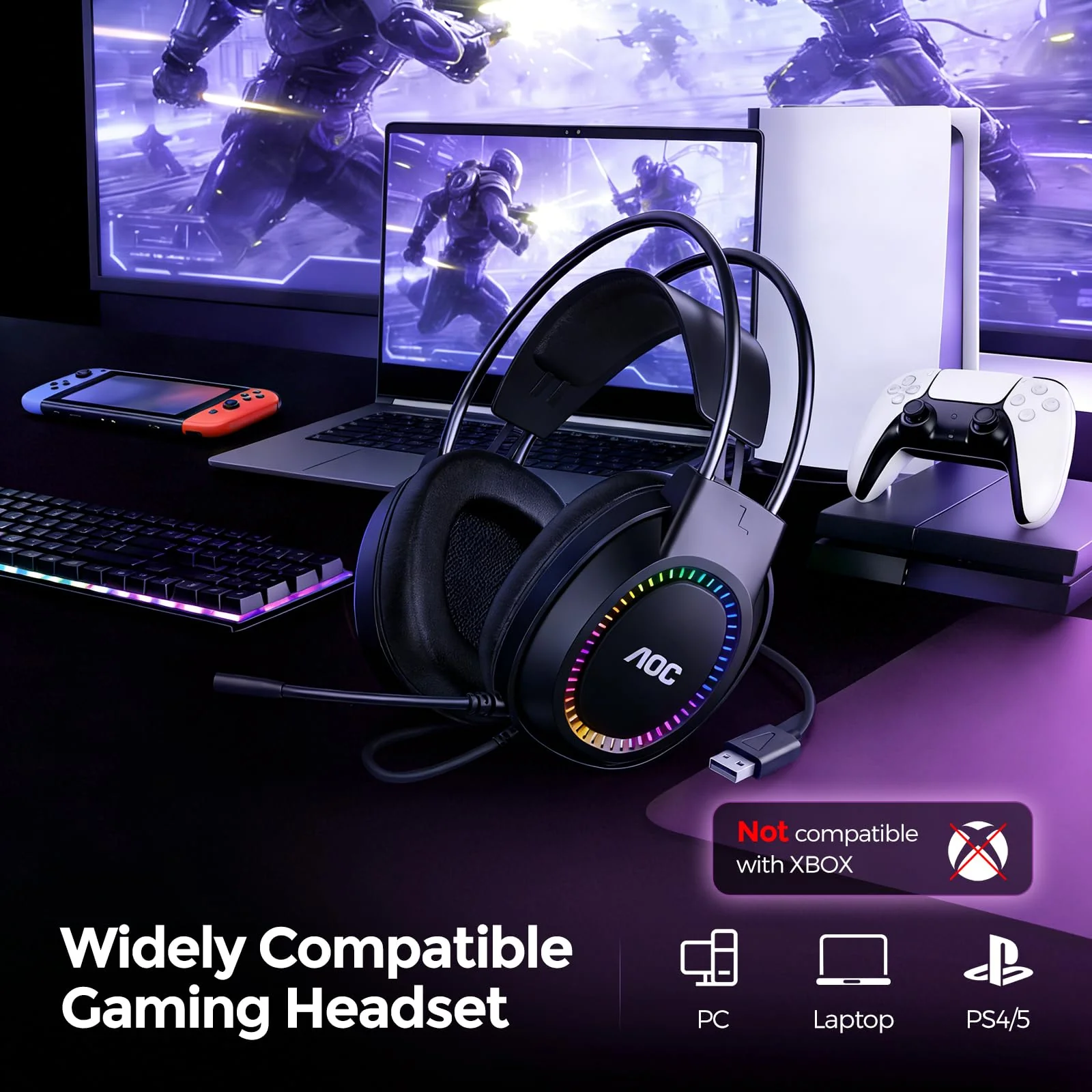 AOC Wired Gaming Headset with Mic, USB Gaming Headphone with Stereo Sound for PC/Laptop/PS4/PS5, 50mm Drivers RGB Corded Headphones for Game/Work/Music, ACG2500 - Image 6