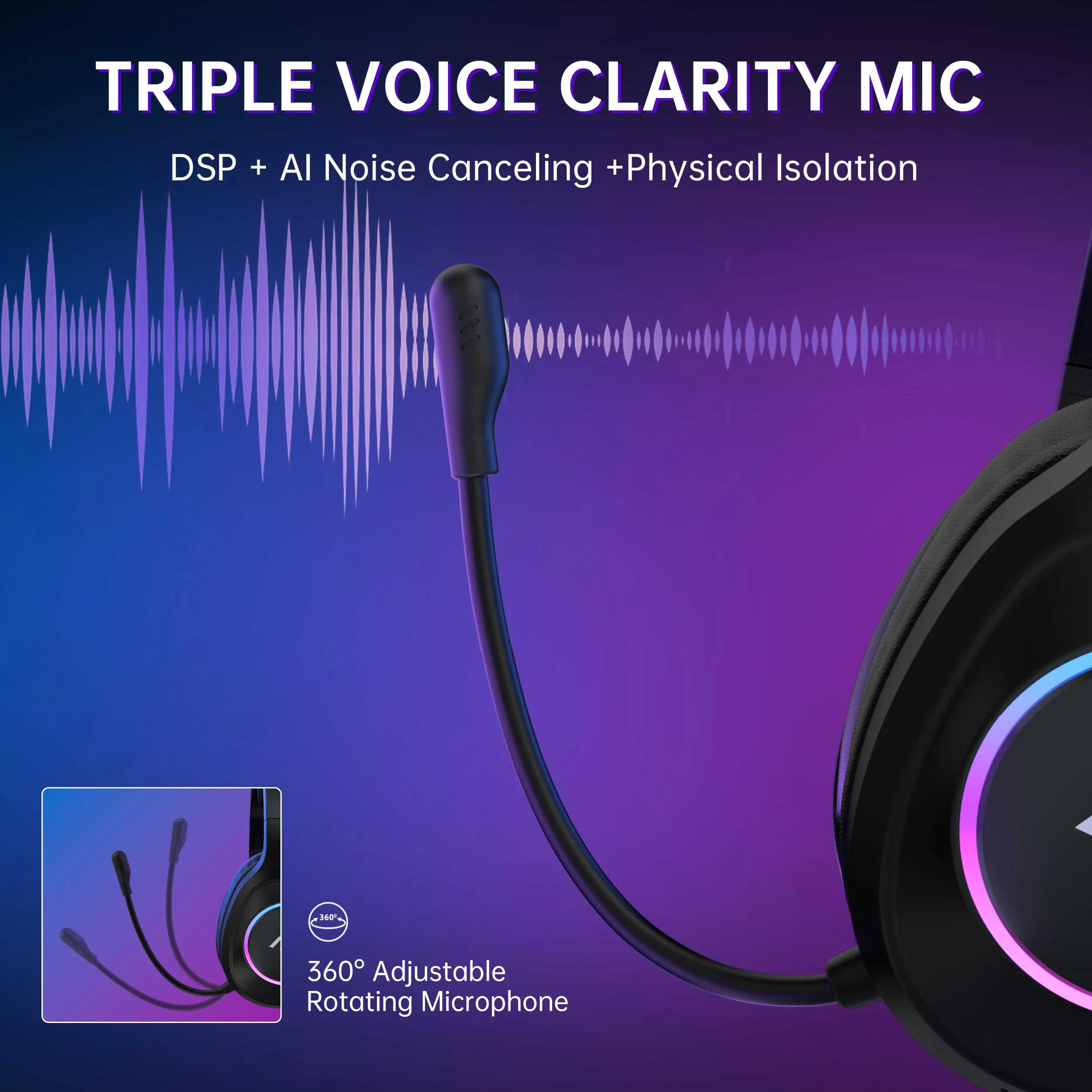 AOC Wireless Gaming Headset Compatible with PS5/4, Nintendo Switch, PC, Bluetooth 5.4 & 2.4GHz Gaming Headphones with Noise Canceling Mic, RGB, Type-C, 20ms Latency, 45H, 7.1 Virtual Surround- Black - Image 6