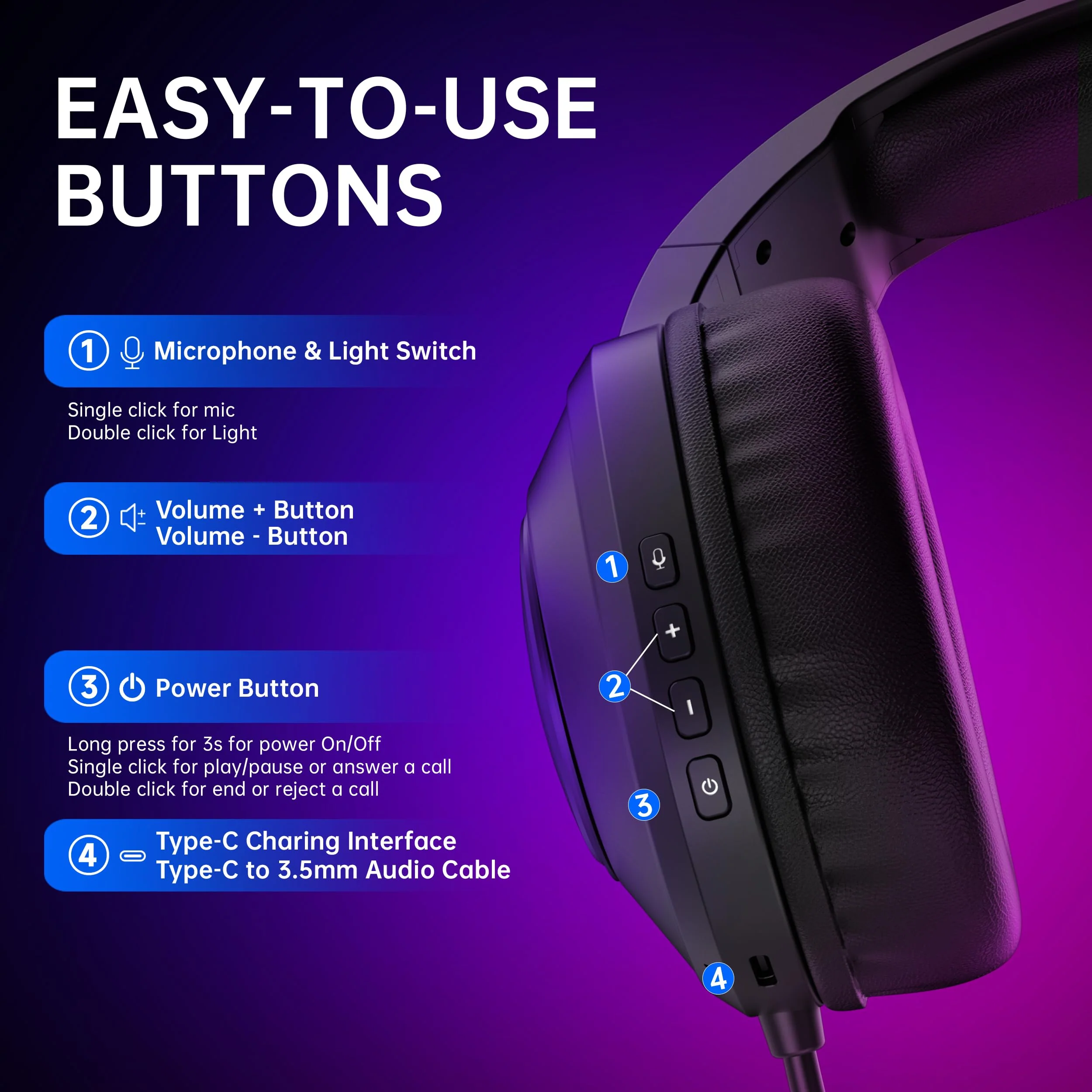 AOC Wireless Gaming Headset Compatible with PS5/4, Nintendo Switch, PC, Bluetooth 5.4 & 2.4GHz Gaming Headphones with Noise Canceling Mic, RGB, Type-C, 20ms Latency, 45H, 7.1 Virtual Surround- Black - Image 8