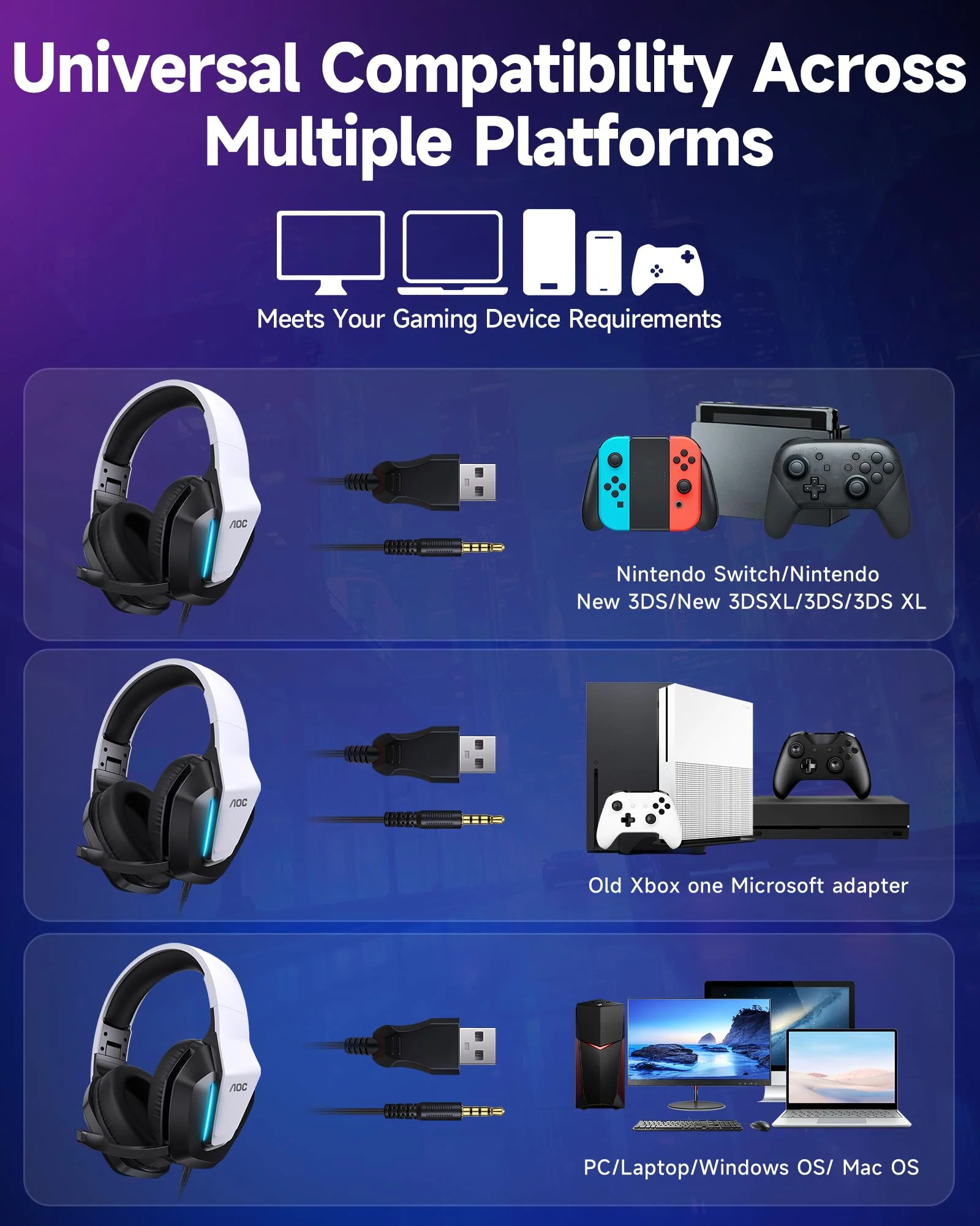 AOC Xbox Gaming Headset with Microphone, Wired Surround Sound Headphones for Xbox Series X|S, PS5, PC, Switch, Noise Canceling Over-Ear Gaming Mic, 50mm Drivers, 3.5mm Jack, White - Image 6