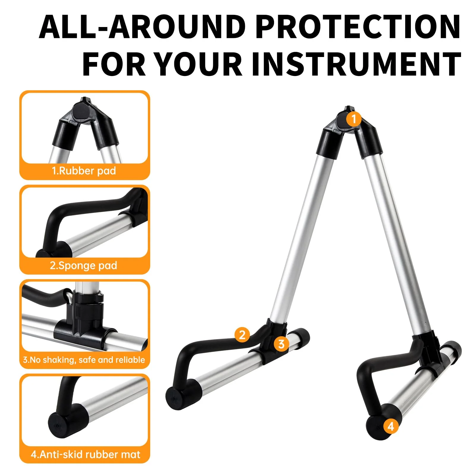 AODSK Guitar Stand Folding with adjustable A-Frame for Acoustic Classical and Electric Guitars Bass Ukulele Portable (Single Stand-Silver) - Image 2