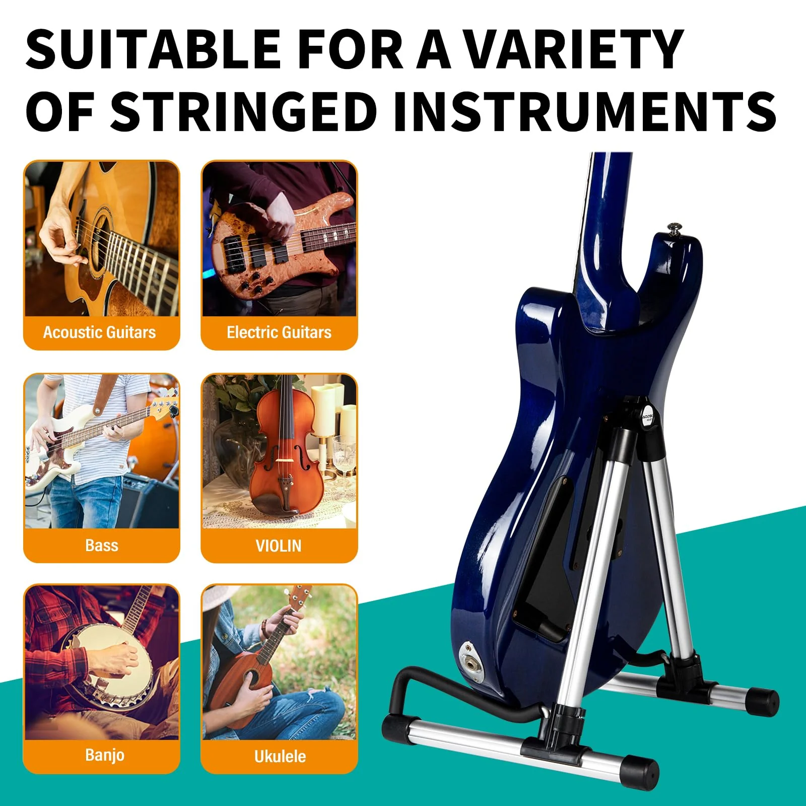 AODSK Guitar Stand Folding with adjustable A-Frame for Acoustic Classical and Electric Guitars Bass Ukulele Portable (Single Stand-Silver) - Image 4