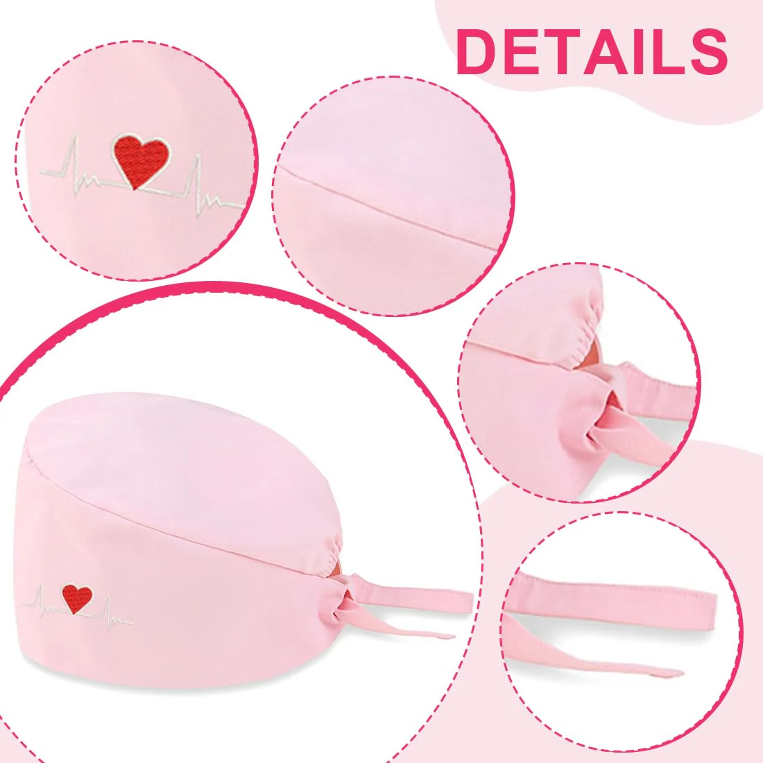 AOEVUIR 1 x Surgical Hat for Women Men Cotton with Adjustable Headband Surgical Headband Nurse Bandana Embroidery Heart Pink - Image 3