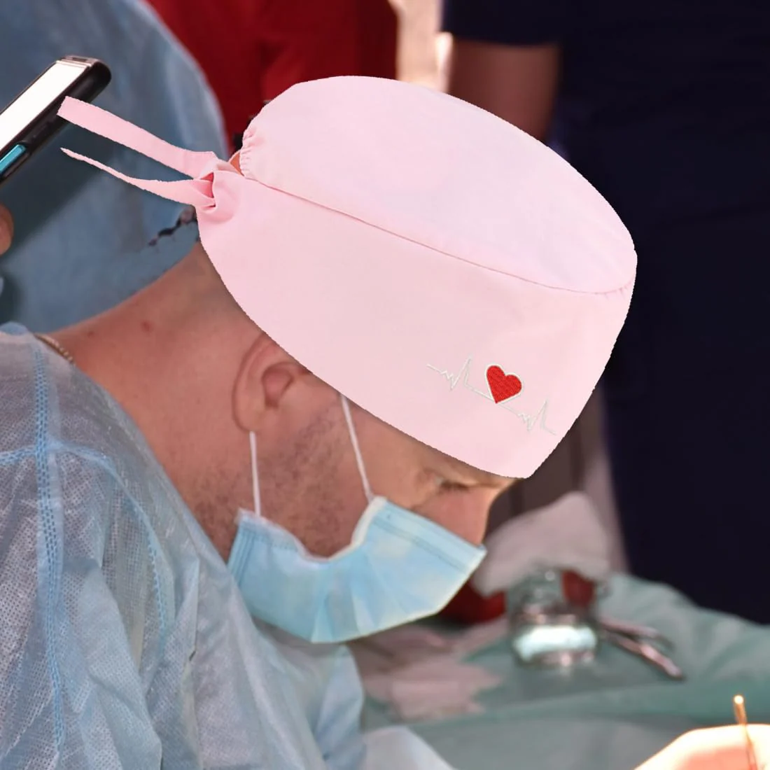 AOEVUIR 1 x Surgical Hat for Women Men Cotton with Adjustable Headband Surgical Headband Nurse Bandana Embroidery Heart Pink - Image 4