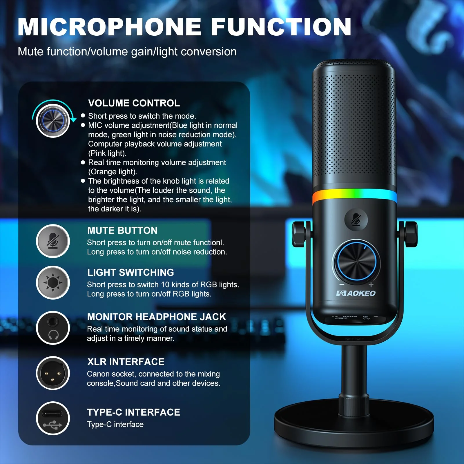 Aokeo Microphone for PC, AK-10 USB/XLR Dynamic Desktop Microphone for Gaming,Podcast,Streaming with RGB Light,Volume Control,Mute Button,Noise Reduction(White) AK-10white - Image 2