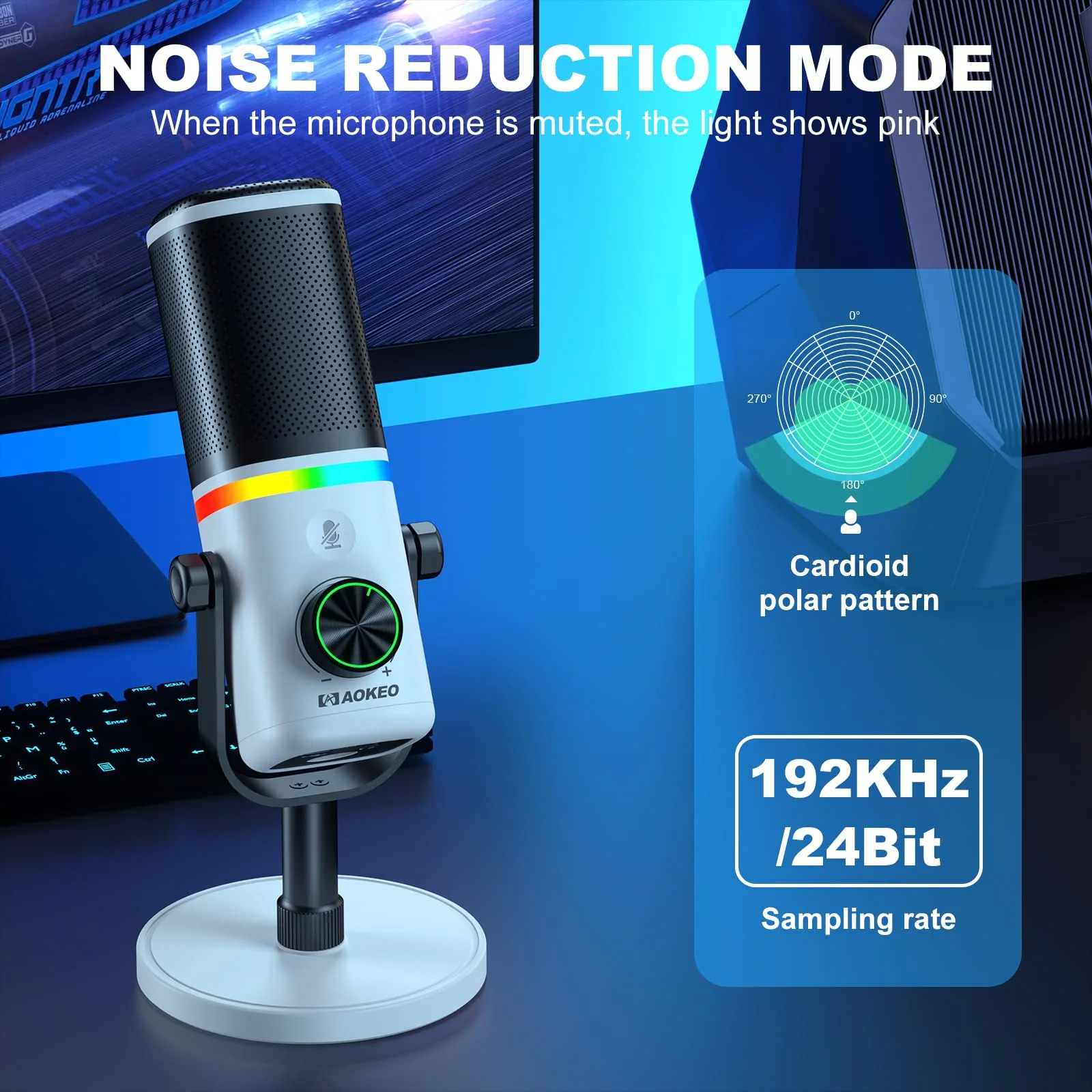 Aokeo Microphone for PC, AK-10 USB/XLR Dynamic Desktop Microphone for Gaming,Podcast,Streaming with RGB Light,Volume Control,Mute Button,Noise Reduction(White) AK-10white - Image 4
