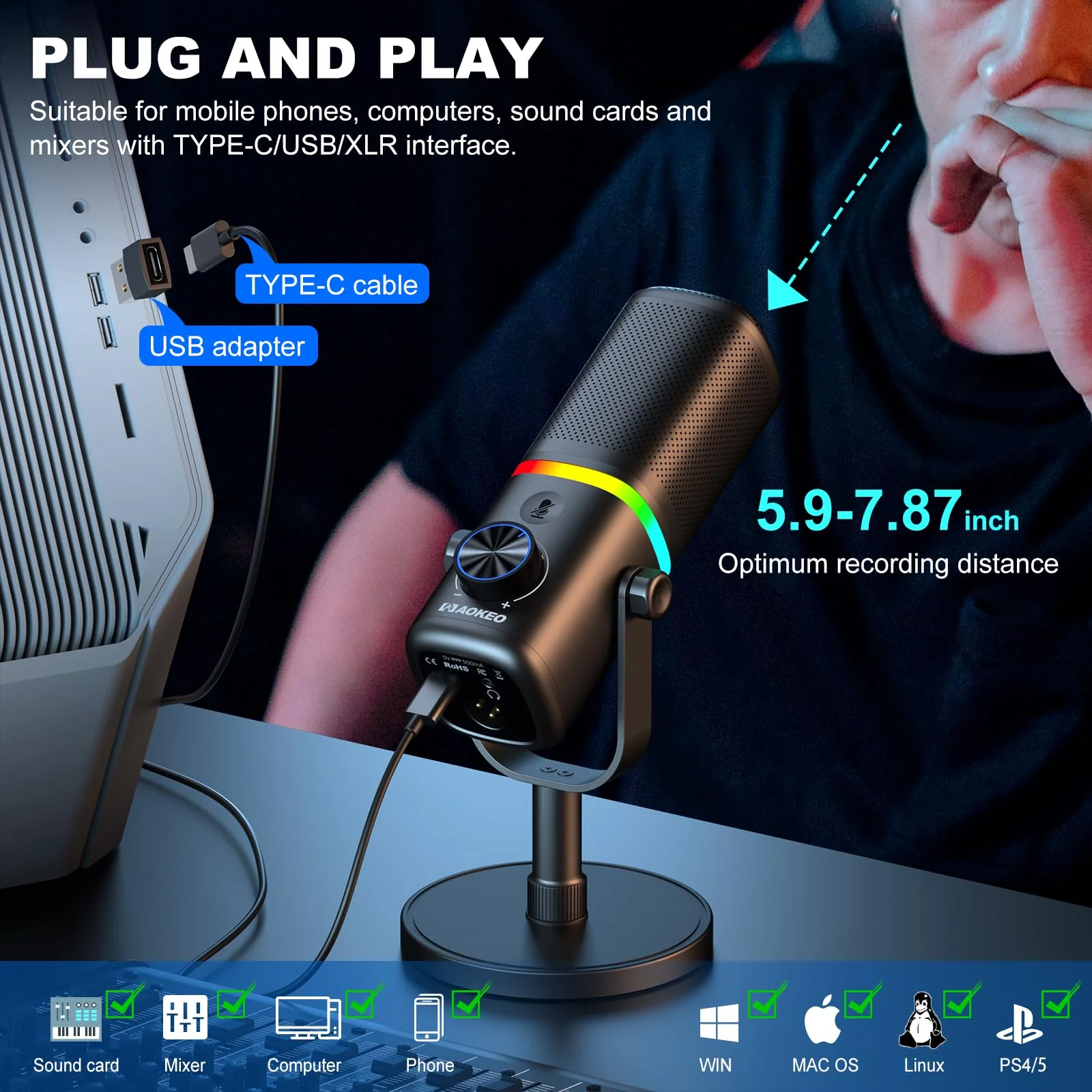 Aokeo Microphone for PC, AK-10 USB/XLR Dynamic Desktop Microphone for Gaming,Podcast,Streaming with RGB Light,Volume Control,Mute Button,Noise Reduction(White) AK-10white - Image 5