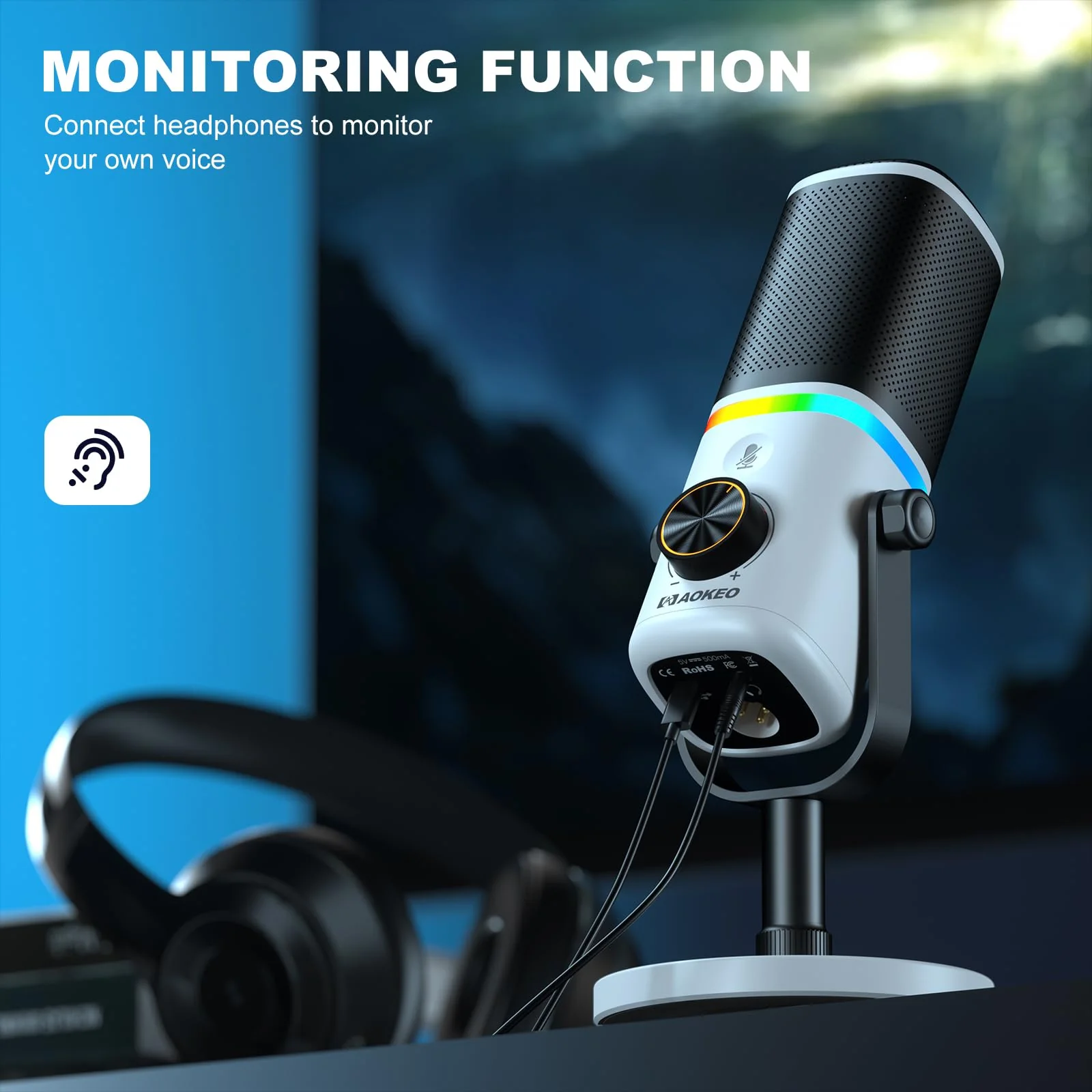 Aokeo Microphone for PC, AK-10 USB/XLR Dynamic Desktop Microphone for Gaming,Podcast,Streaming with RGB Light,Volume Control,Mute Button,Noise Reduction(White) AK-10white - Image 6