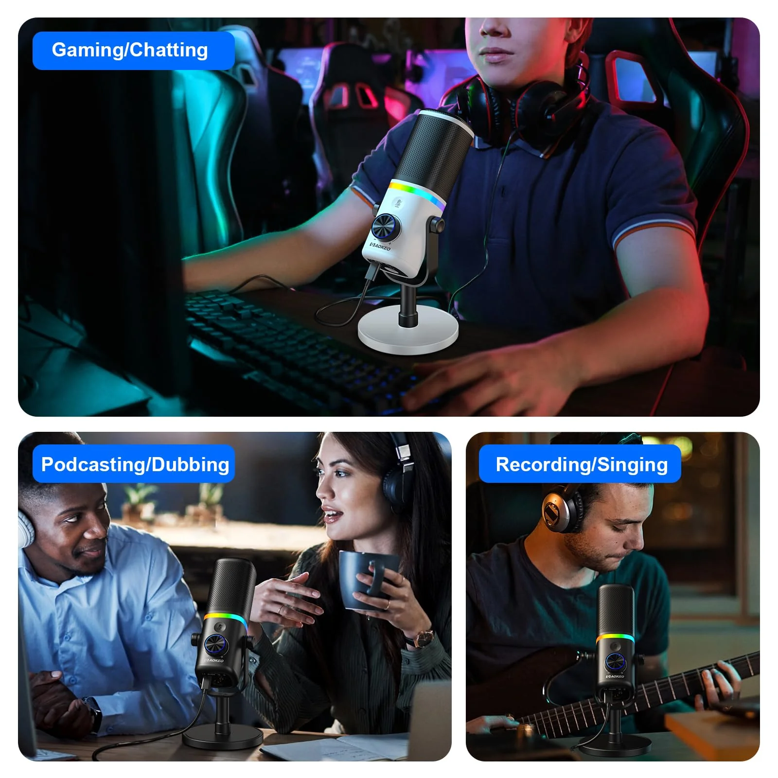 Aokeo Microphone for PC, AK-10 USB/XLR Dynamic Desktop Microphone for Gaming,Podcast,Streaming with RGB Light,Volume Control,Mute Button,Noise Reduction(White) AK-10white - Image 8