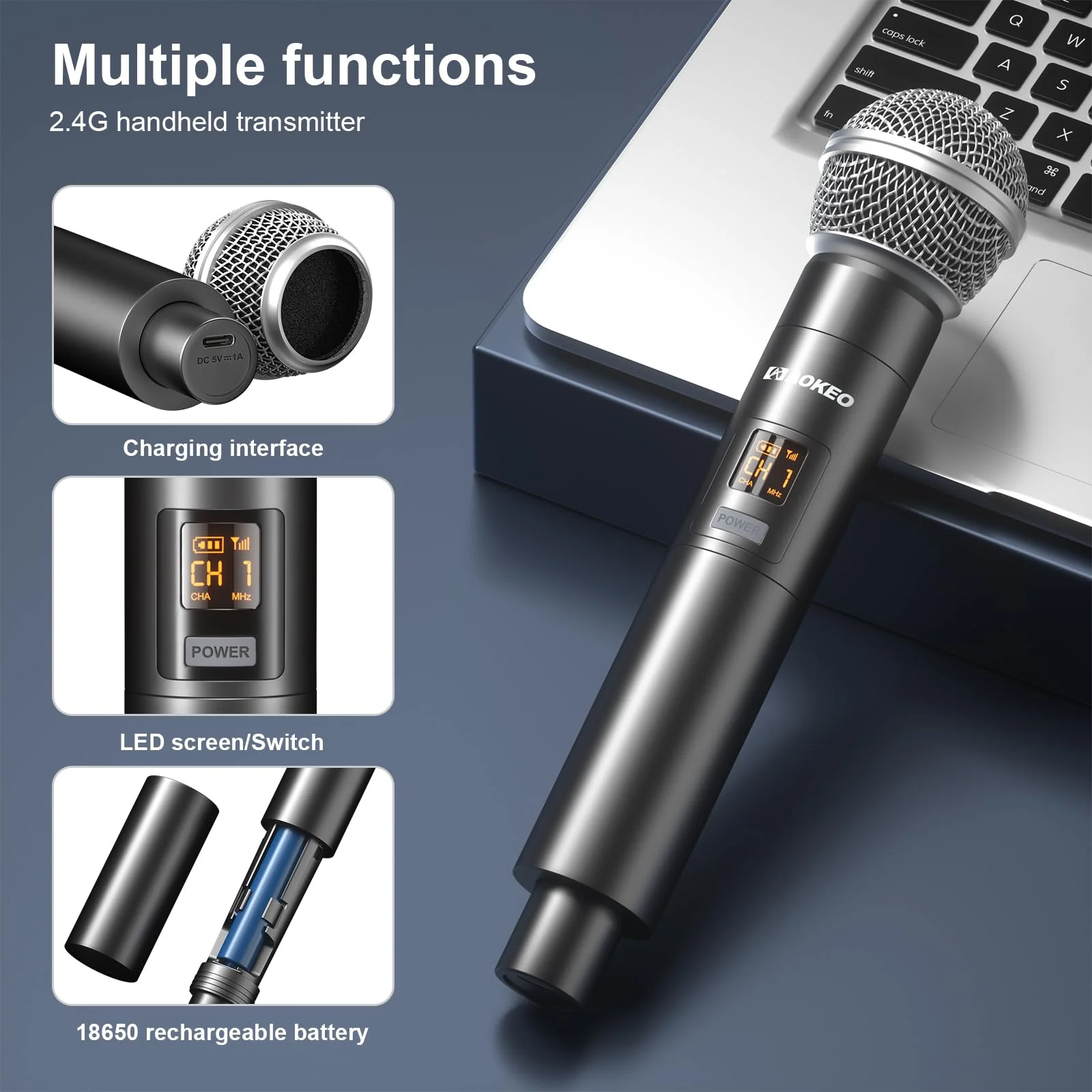 Aokeo Wireless Microphone Only for Mic Input, UHF Metal Dynamic Handheld Multipurpose Mic with Rechargeable Receiver (Work 4hs), 160ft Range, for Karaoke Machine, Amplifier Speaker, Mixer, Church PG58-2 - Image 4