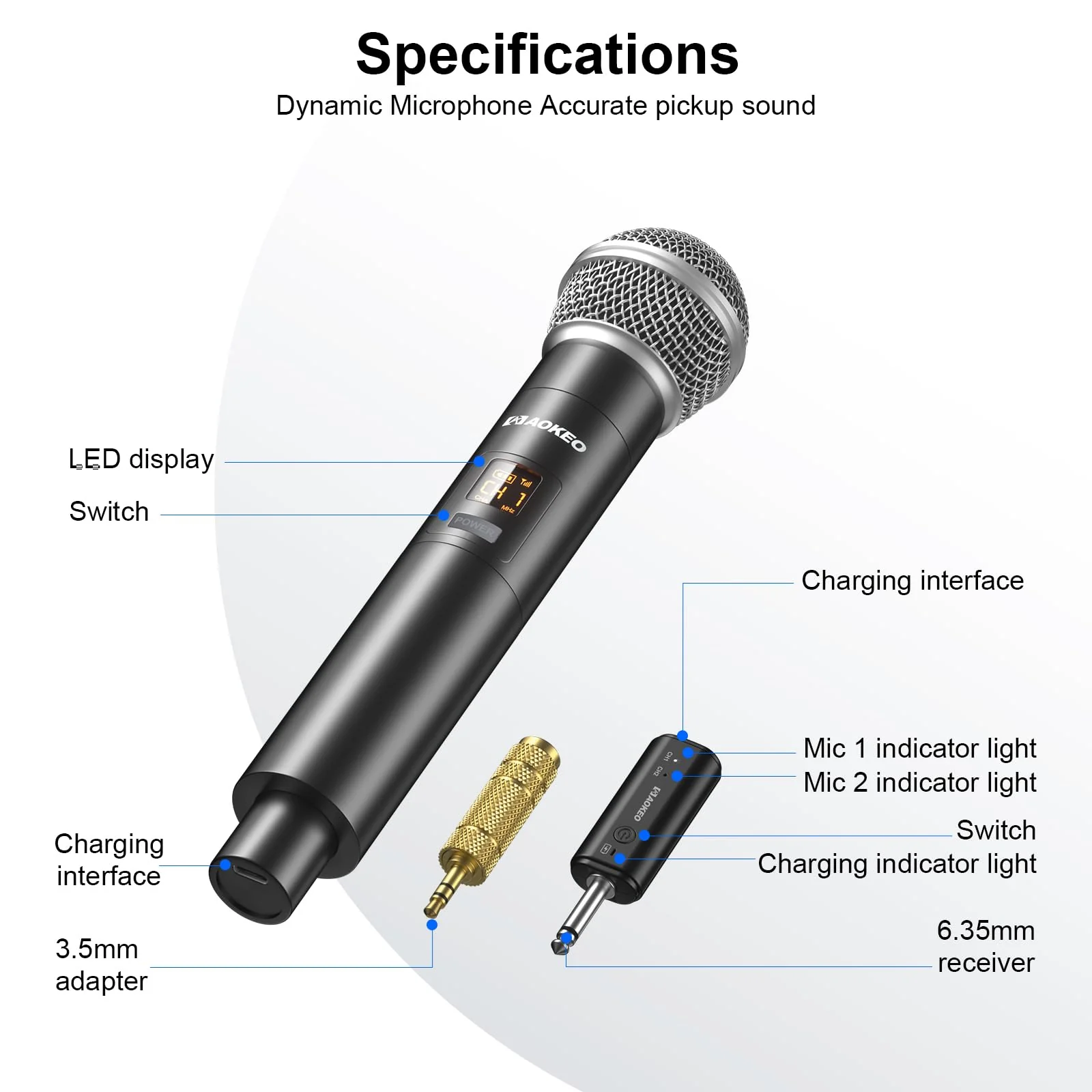 Aokeo Wireless Microphone Only for Mic Input, UHF Metal Dynamic Handheld Multipurpose Mic with Rechargeable Receiver (Work 4hs), 160ft Range, for Karaoke Machine, Amplifier Speaker, Mixer, Church PG58-2 - Image 5