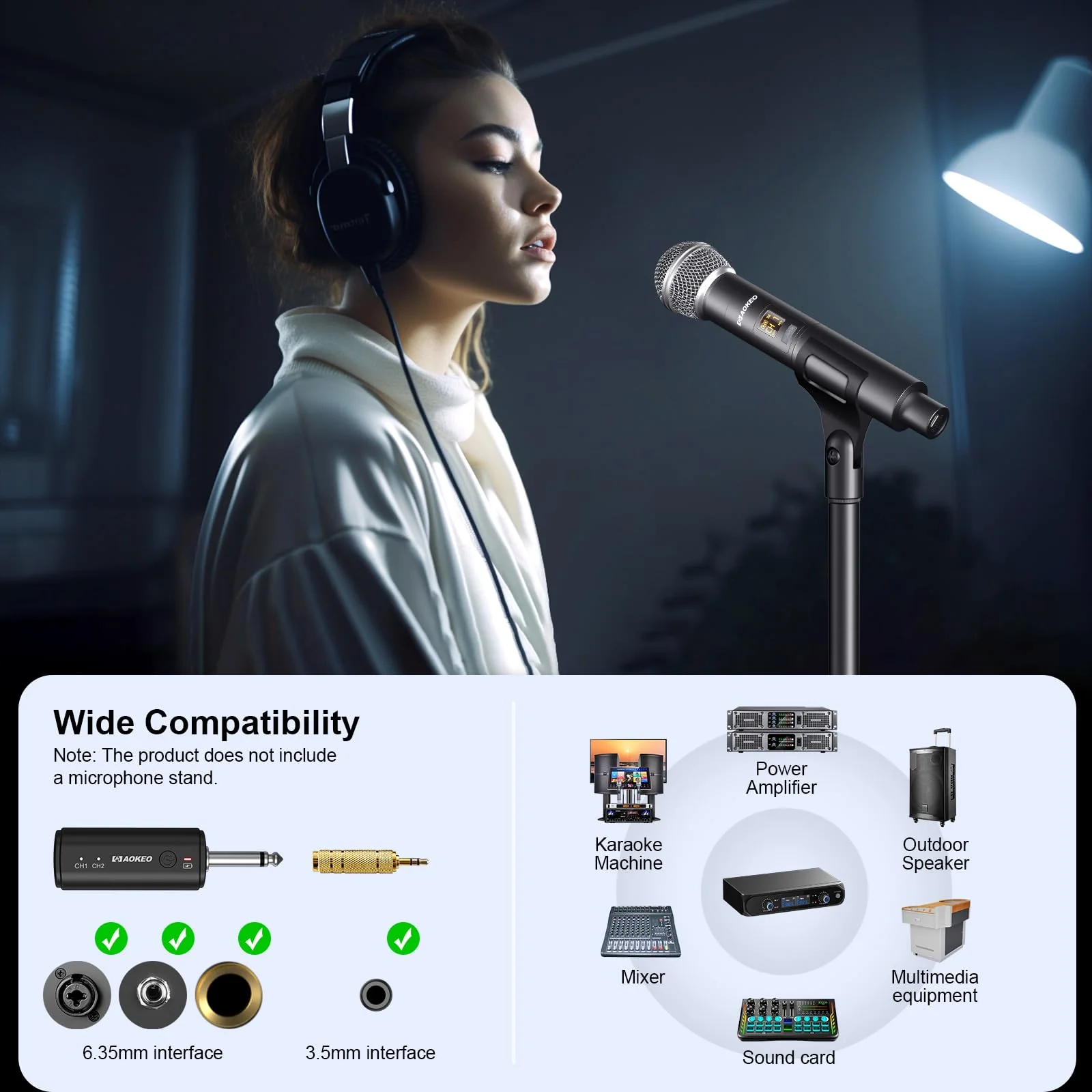 Aokeo Wireless Microphone Only for Mic Input, UHF Metal Dynamic Handheld Multipurpose Mic with Rechargeable Receiver (Work 4hs), 160ft Range, for Karaoke Machine, Amplifier Speaker, Mixer, Church PG58-2 - Image 6