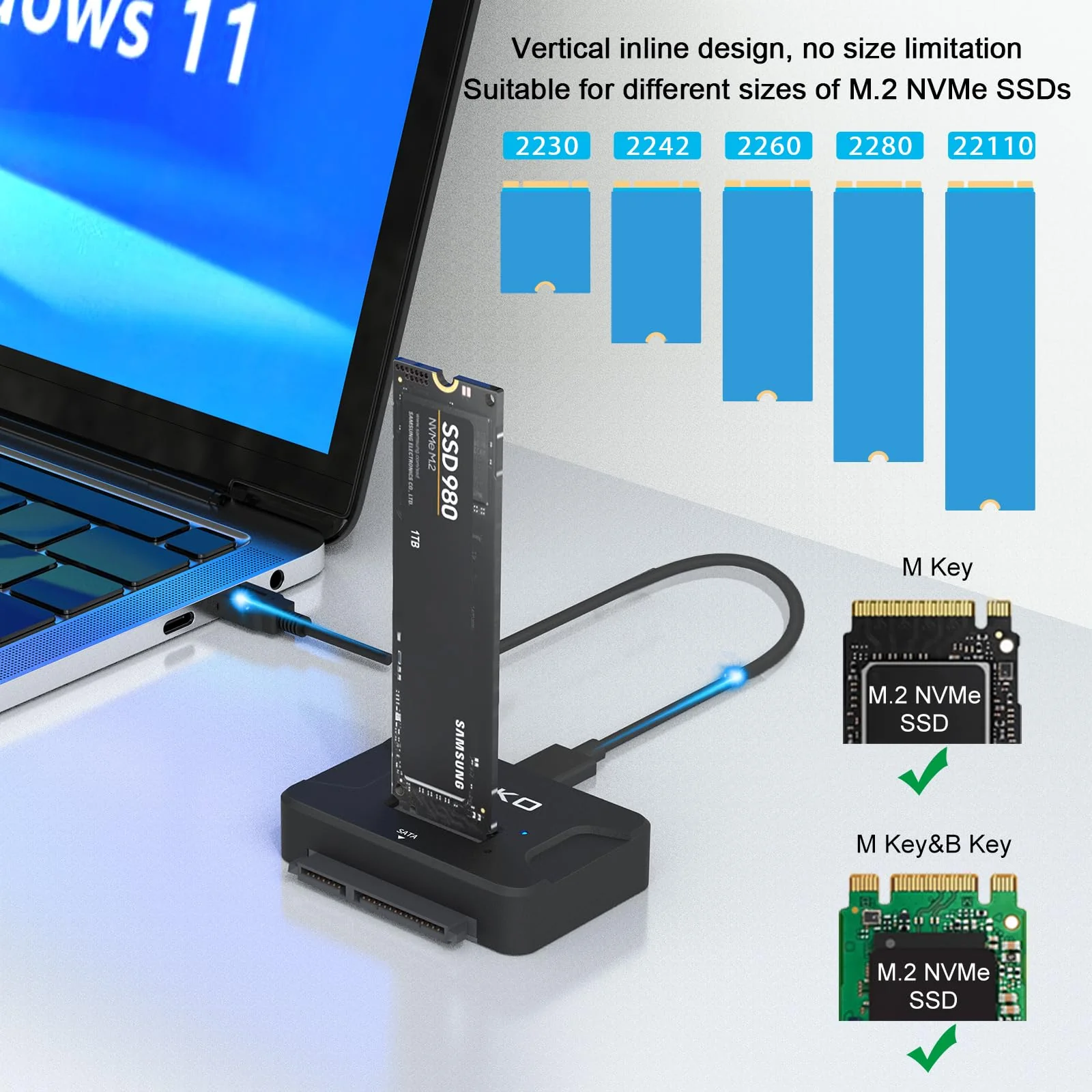 AOKO Dual Bay Hard Drive Docking Station Reader Adapter for M.2 NVMe SSD+ 2.5/3.5 SATA Drives, Support Simultaneous read & write, Included 12V/3A Power Adapter - Image 3