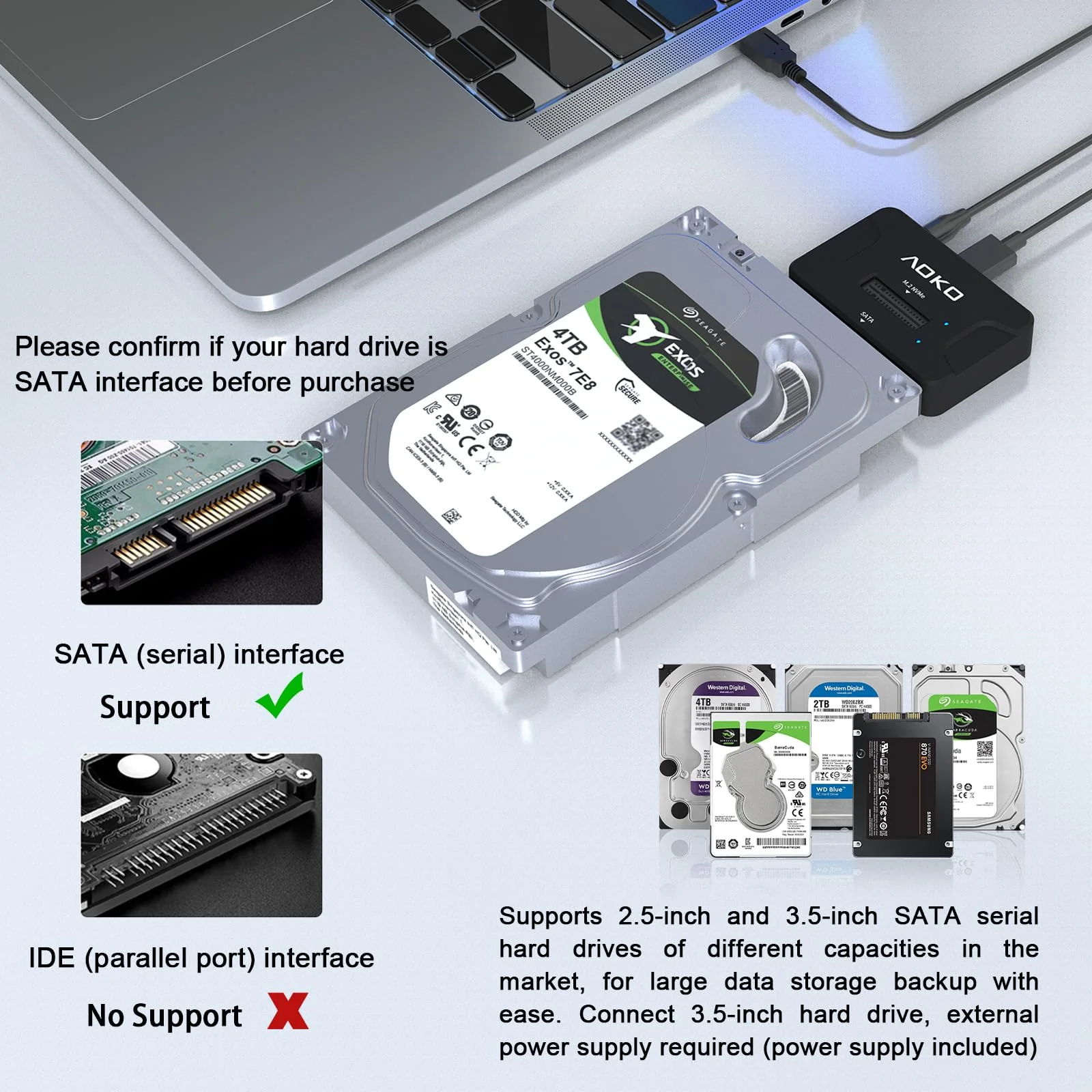AOKO Dual Bay Hard Drive Docking Station Reader Adapter for M.2 NVMe SSD+ 2.5/3.5 SATA Drives, Support Simultaneous read & write, Included 12V/3A Power Adapter - Image 5