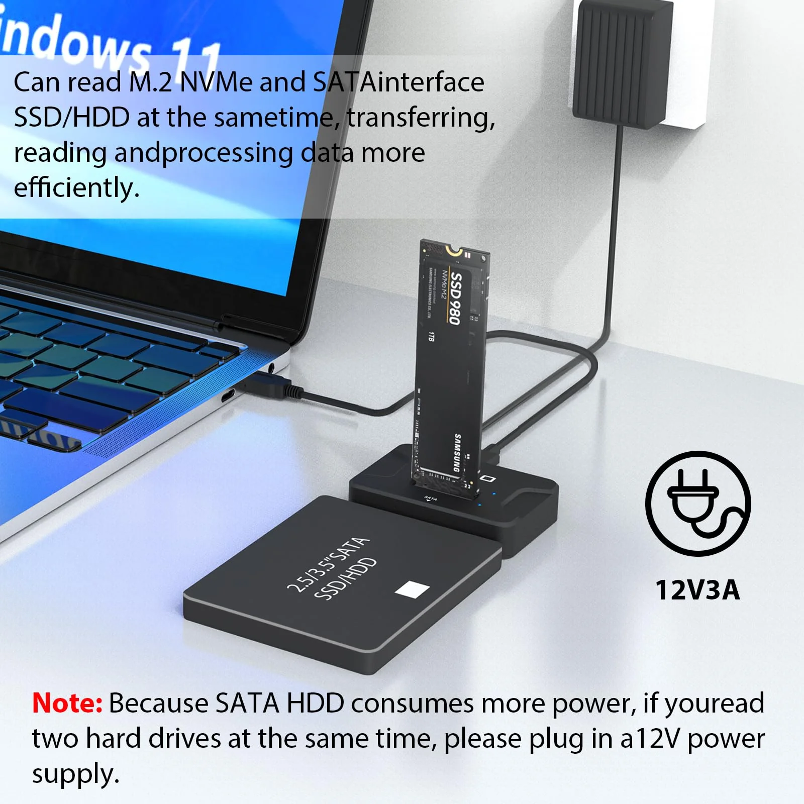 AOKO Dual Bay Hard Drive Docking Station Reader Adapter for M.2 NVMe SSD+ 2.5/3.5 SATA Drives, Support Simultaneous read & write, Included 12V/3A Power Adapter - Image 6