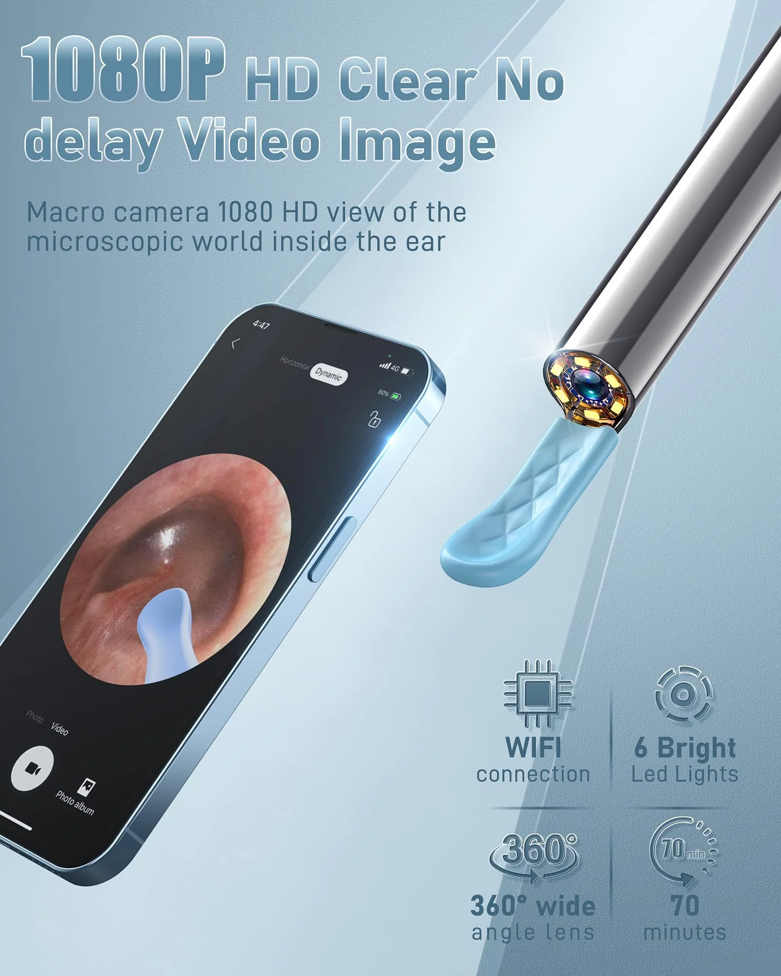AOPICK Ear Wax Remover Otoscope, 1080P HD WiFi Ear Cleaner with Camera, 360° Wide Angle Otoscope Camera with 6 LEDs for iPhone, iPad and Android Smartphones - Image 2
