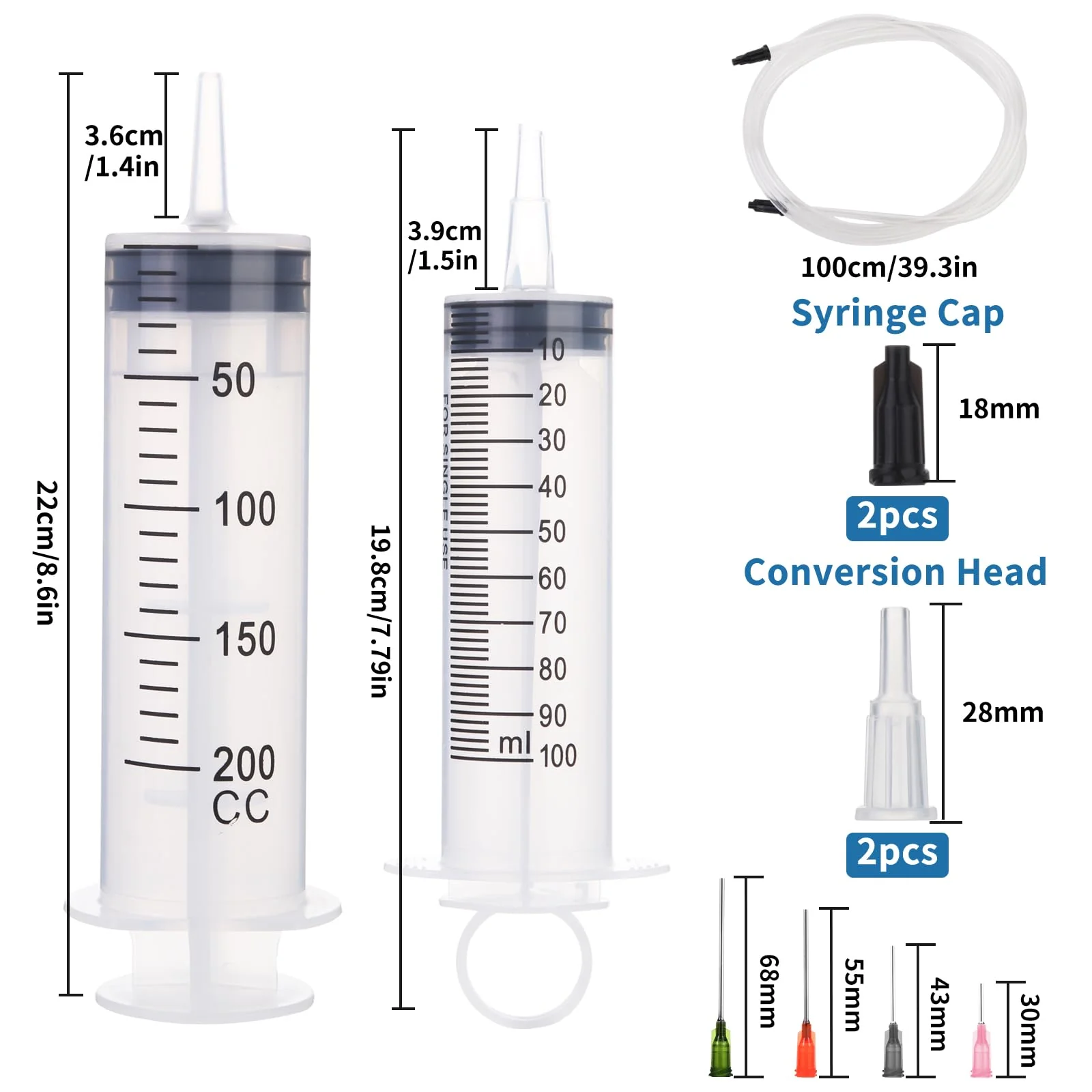 Aotfusd Pack of 2 Syringe 100 + 200 ml, Syringe with Hose and Blunt Needles, Oil Syringe, Dosing Syringe, Measuring Liquids, Plant Watering, Animal Feeding, Scientific Laboratories (160, g) - Image 2