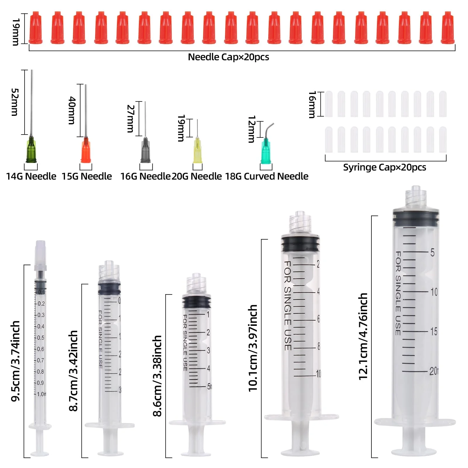 Aotfusd Pack of 20 Syringes with Blunt Needle, Various Sizes, 1 ml, 3 ml, 5 ml, 10 ml, 20 ml for Refilling and Measuring Liquids, Scientific Laboratories, Plant Watering Plastic - Image 2