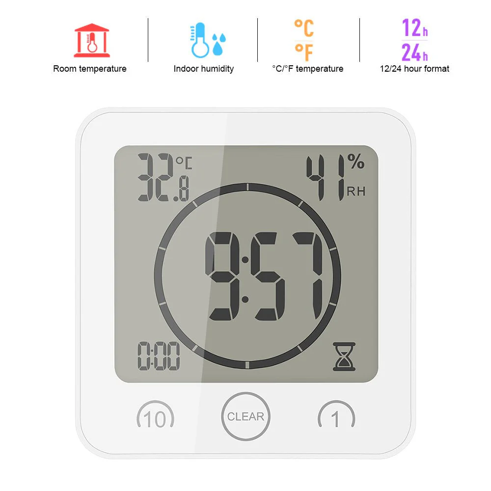 AOZBZ Shower Wall Clock, Digital Kitchen Timer with Alarm, Waterproof Touch Screen Timer, Temperature Humidity Display with Suction Cup Hanging Hole (White) White - Image 2