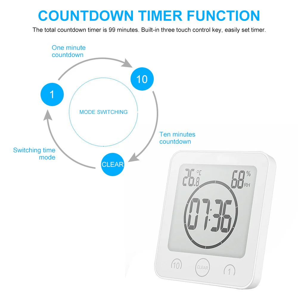 AOZBZ Shower Wall Clock, Digital Kitchen Timer with Alarm, Waterproof Touch Screen Timer, Temperature Humidity Display with Suction Cup Hanging Hole (White) White - Image 4