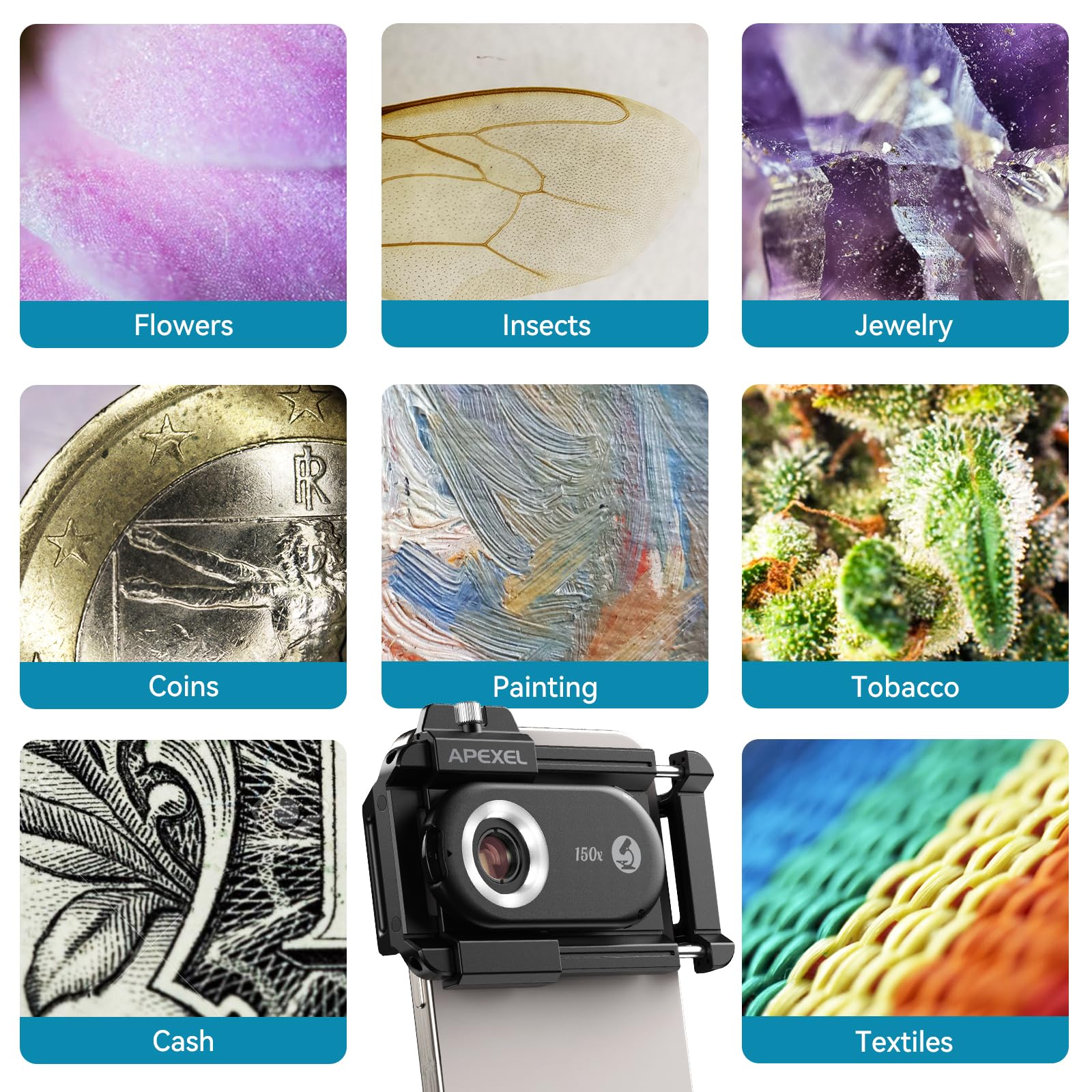 APEXEL Phone Microscope Lens, PhoneMicro 5 Series 150X Phone Micro Lens for Android/iPhone With LED Light/CPL/Universal Clip, Mini Pocket Microscope, Smartphone Camera Attachment for iPhone & Android. MS150 (150X) - Image 2