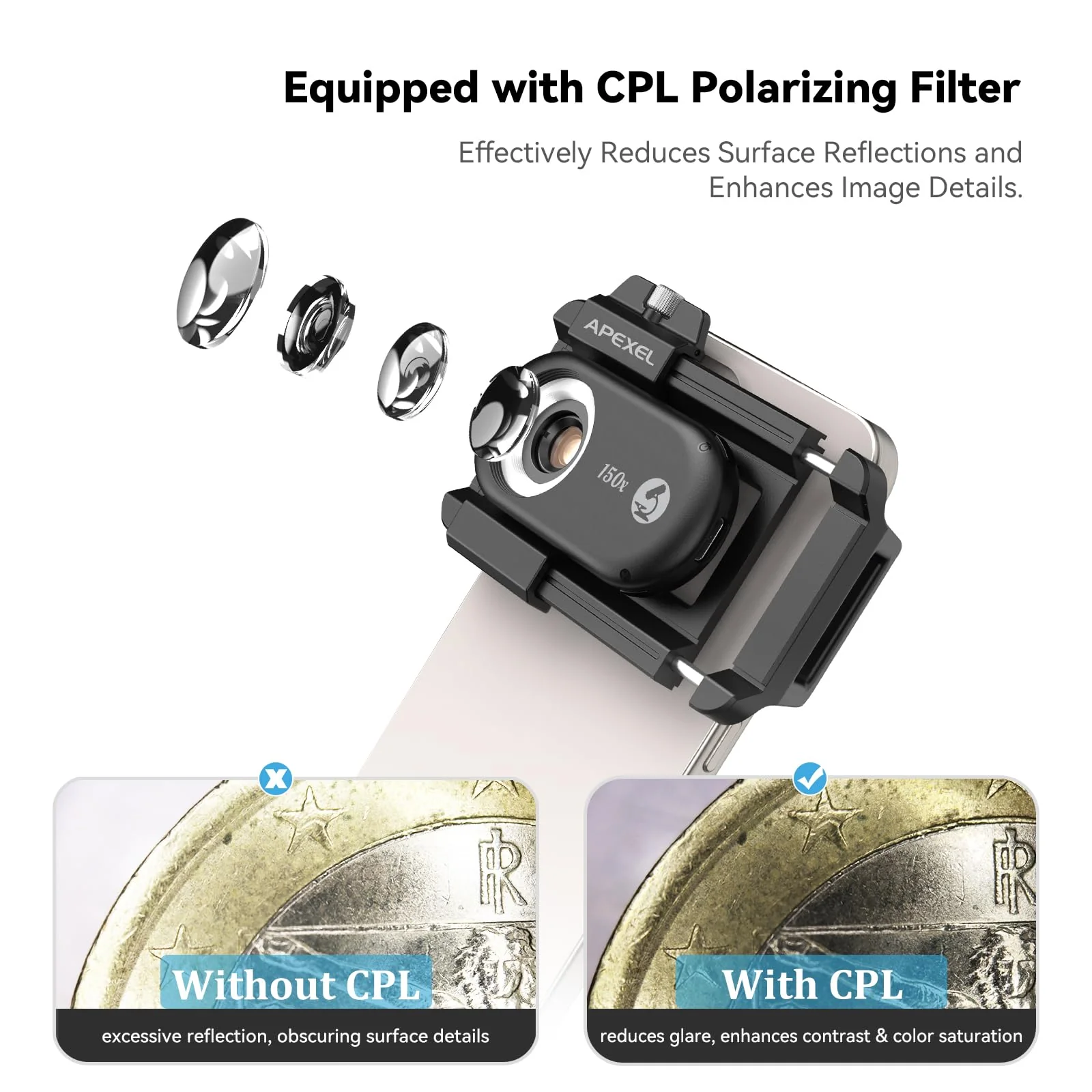 APEXEL Phone Microscope Lens, PhoneMicro 5 Series 150X Phone Micro Lens for Android/iPhone With LED Light/CPL/Universal Clip, Mini Pocket Microscope, Smartphone Camera Attachment for iPhone & Android. MS150 (150X) - Image 5