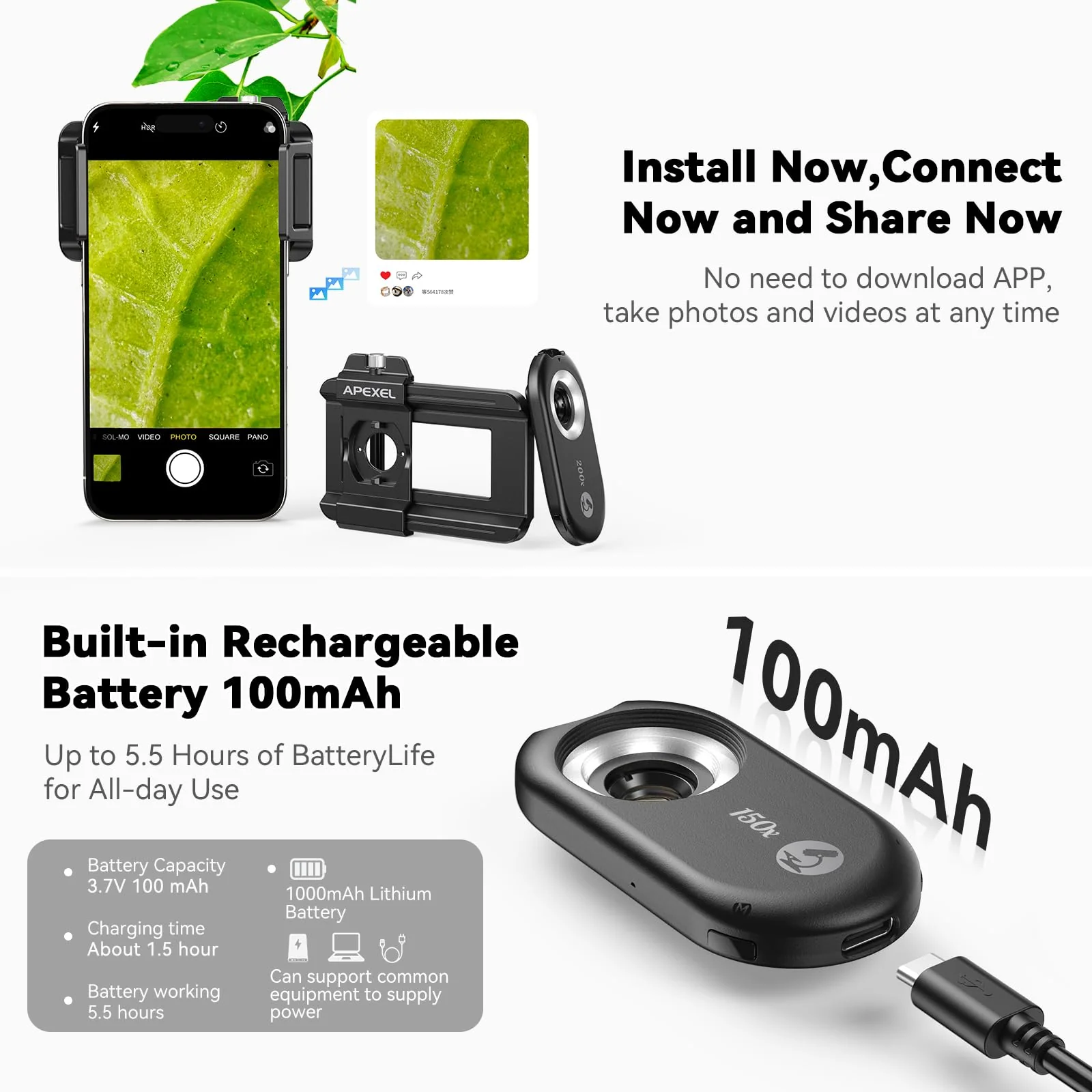 APEXEL Phone Microscope Lens, PhoneMicro 5 Series 150X Phone Micro Lens for Android/iPhone With LED Light/CPL/Universal Clip, Mini Pocket Microscope, Smartphone Camera Attachment for iPhone & Android. MS150 (150X) - Image 8