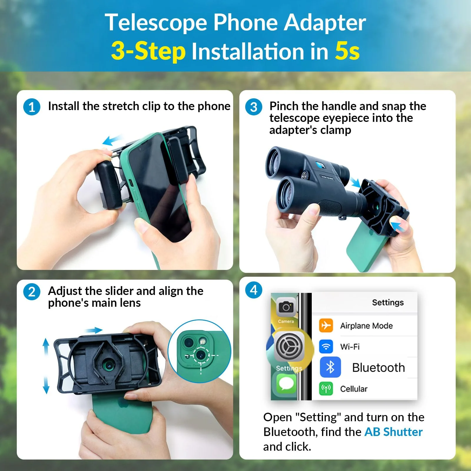 APEXEL Telescope Phone Adapter, Binocular Photo Adapter for Android & iPhone, Phone Holder Mount for Telescope, Monocular, Binocular, Microscope, Spotting Scope. (Including Bluetooth Shutter Remote) With Shutter Remote - Image 2