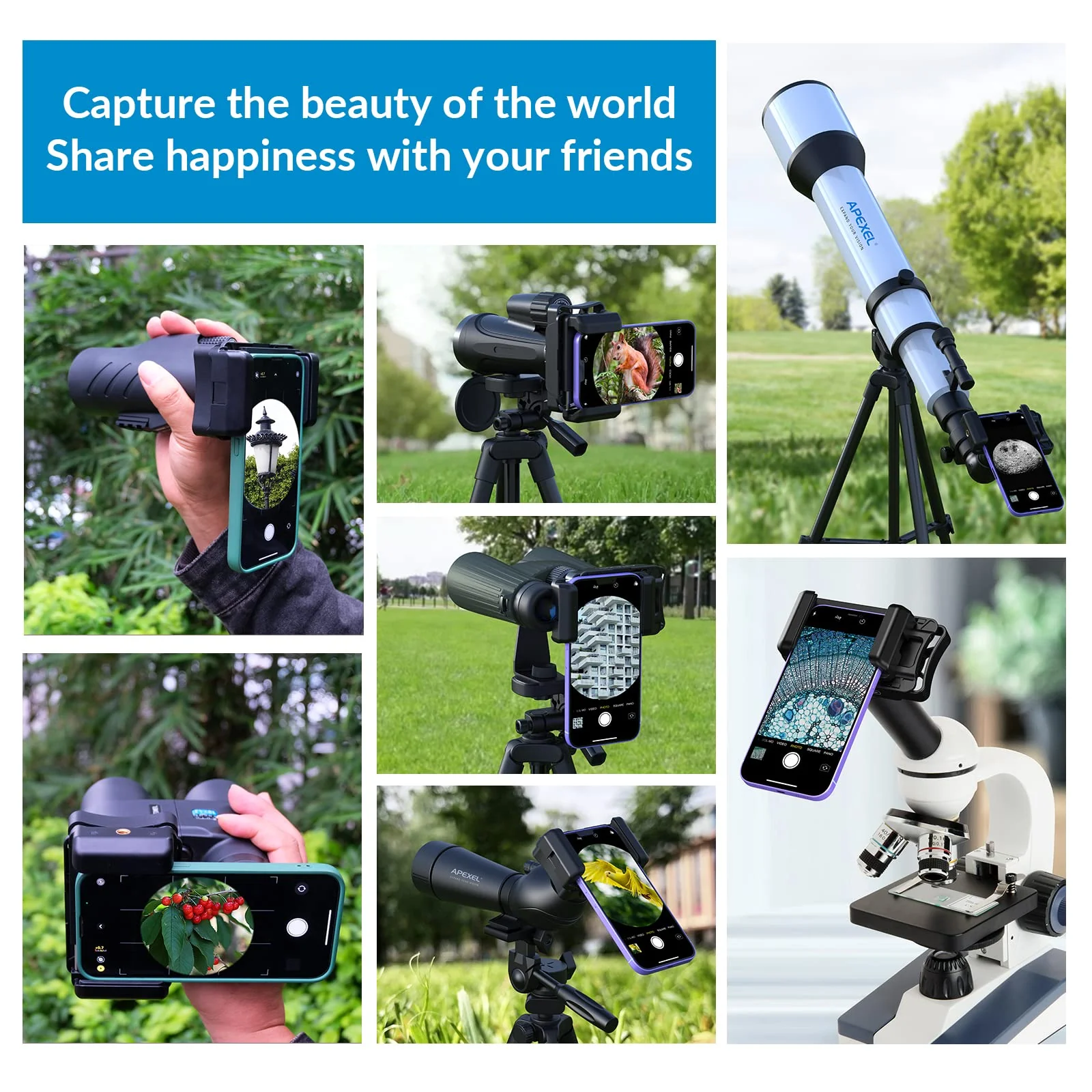 APEXEL Telescope Phone Adapter, Binocular Photo Adapter for Android & iPhone, Phone Holder Mount for Telescope, Monocular, Binocular, Microscope, Spotting Scope. (Including Bluetooth Shutter Remote) With Shutter Remote - Image 7