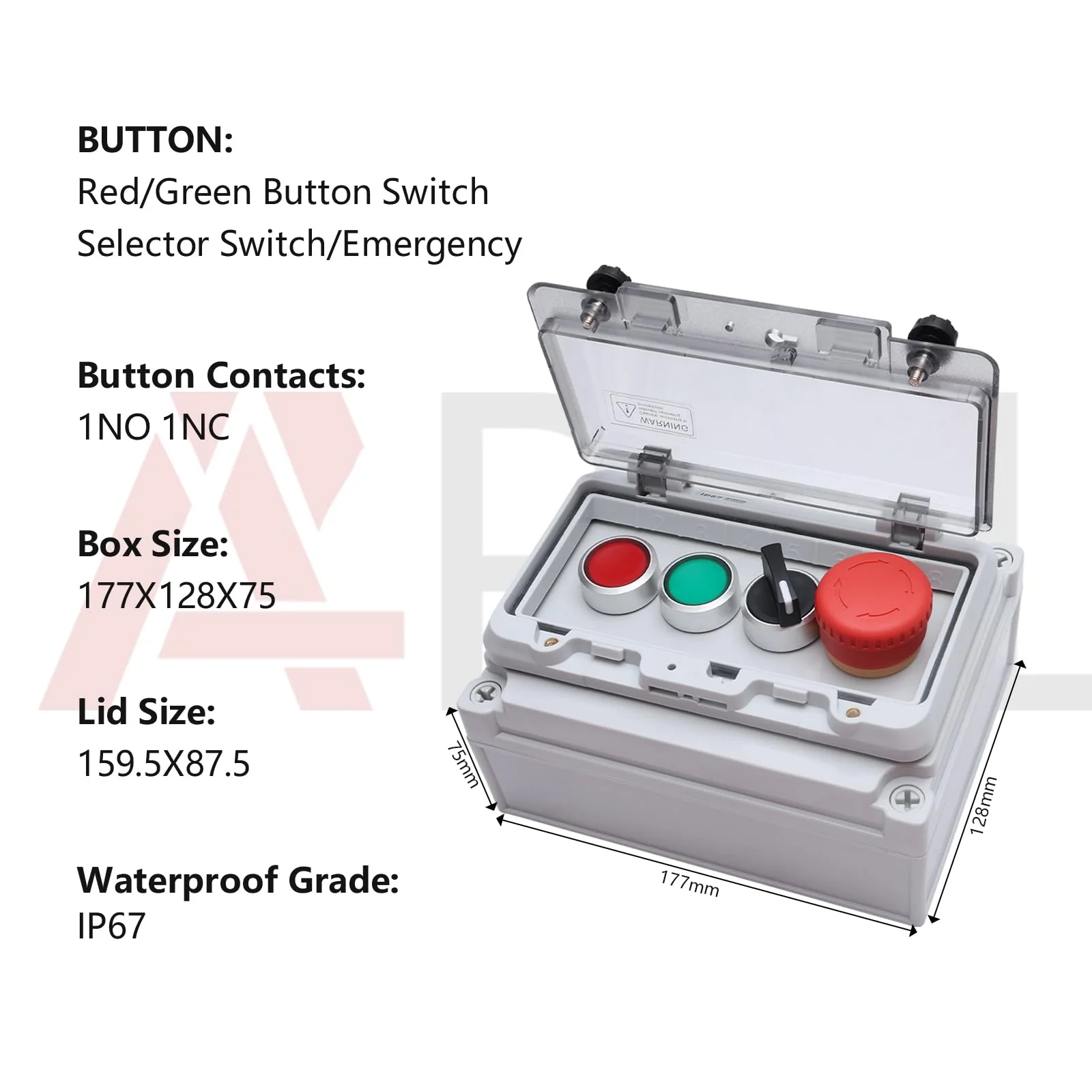 APIELE IP67 Outdoor Waterproof Box Emergency Stop Switch, Red/Green Instantaneous Switch with Protective Cover Anti-Misoperation G/R Instantaneous Switch/EMG Stop Switch/Selector Switch+Box - Image 2
