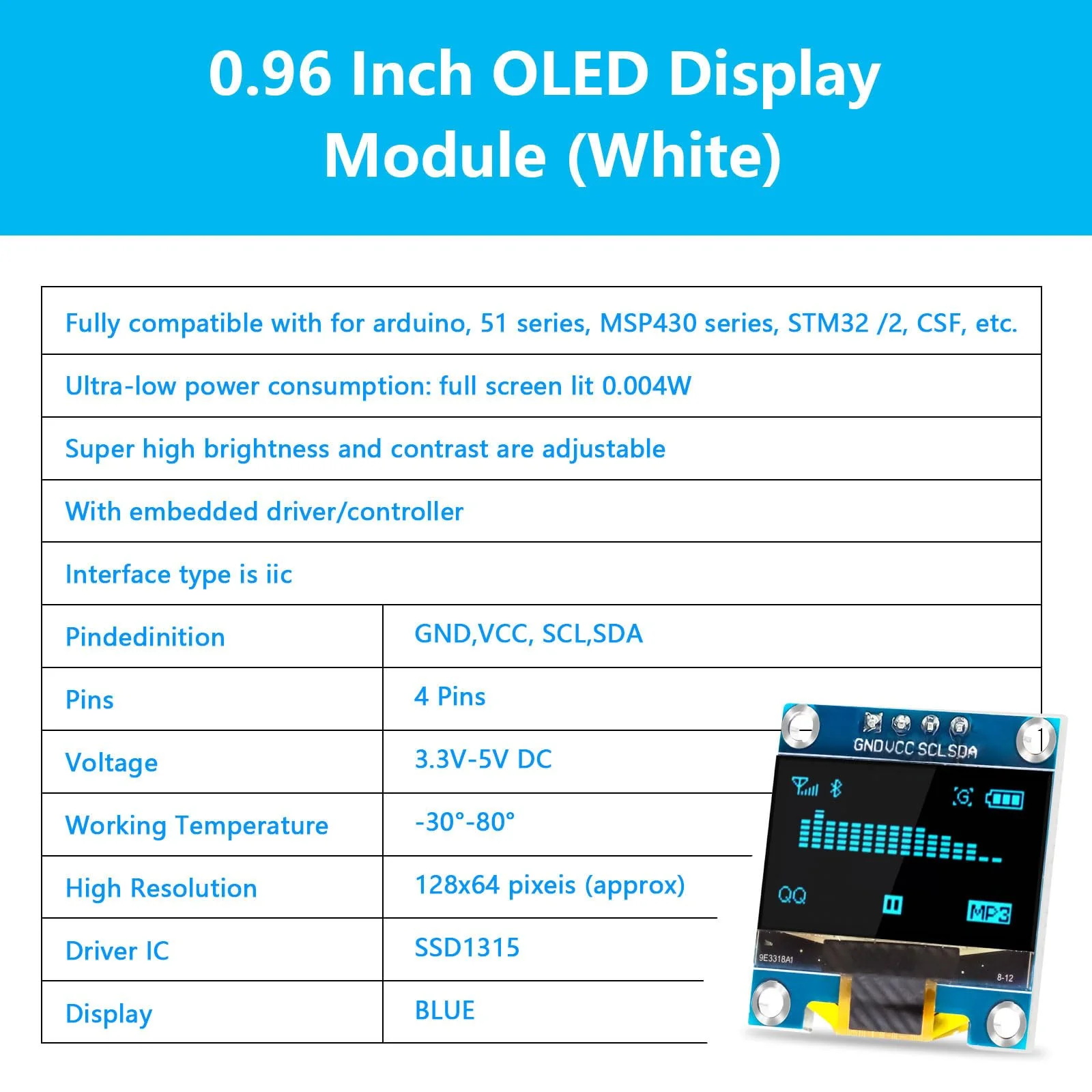 APKLVSR 3 x 0.96 Inch OLED Display I2C 128 x 64 Pixel I2C Screen Display Module, 0.96 Inch OLED Display I2C IIC Screen Display Module Compatible with Arduino Raspberry Pi (White) White - Image 5