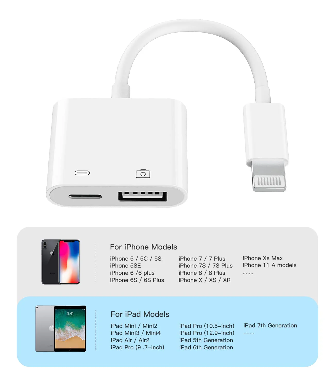 Apple Certified Lightning Male to USB Female Adapter OTG and Charger Cable for iPhone 11 12 Mini max pro xs xr x se 7 8plus Ipad air A Camera Memory Stick Flash Drive Cord Converter Charging Splitter USB+Lightning 1Pack White-1 - Image 7