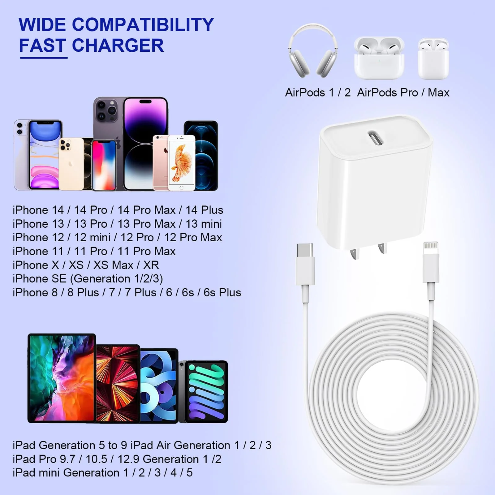 Apple Fast Charger, 10FT Extra Long Fast iPhone Charger Travel Plug Adapter 20W Super Quick Apple Charging USB C Wall Charger Block with 10Foot Lightning Cable Cord for iPhone 14/13/12/11/X/XR/SE/iPad White - Image 7