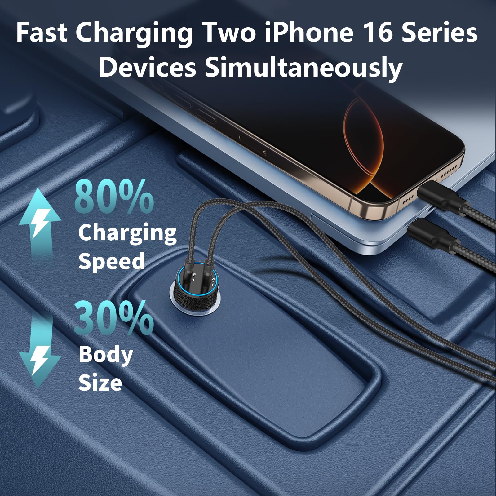 [Apple MFi Certified] iPhone Fast Car Charger, Linocell 90W Dual PD Car Power Cigarette Lighter USB-C Car Carplay Charger with 2Pack Type-C Braided Cable for iPhone 16/16 Pro/16 Pro Max/15/15 Pro/iPad Titanium Black Dual USB-C - Image 7