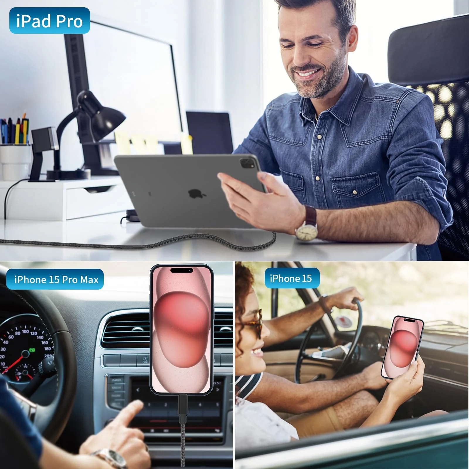 [Apple MFi Certified] iPhone Fast Car Charger, Linocell 90W Dual PD Car Power Cigarette Lighter USB-C Car Carplay Charger with 2Pack Type-C Braided Cable for iPhone 16/16 Pro/16 Pro Max/15/15 Pro/iPad Titanium Black Dual USB-C - Image 8