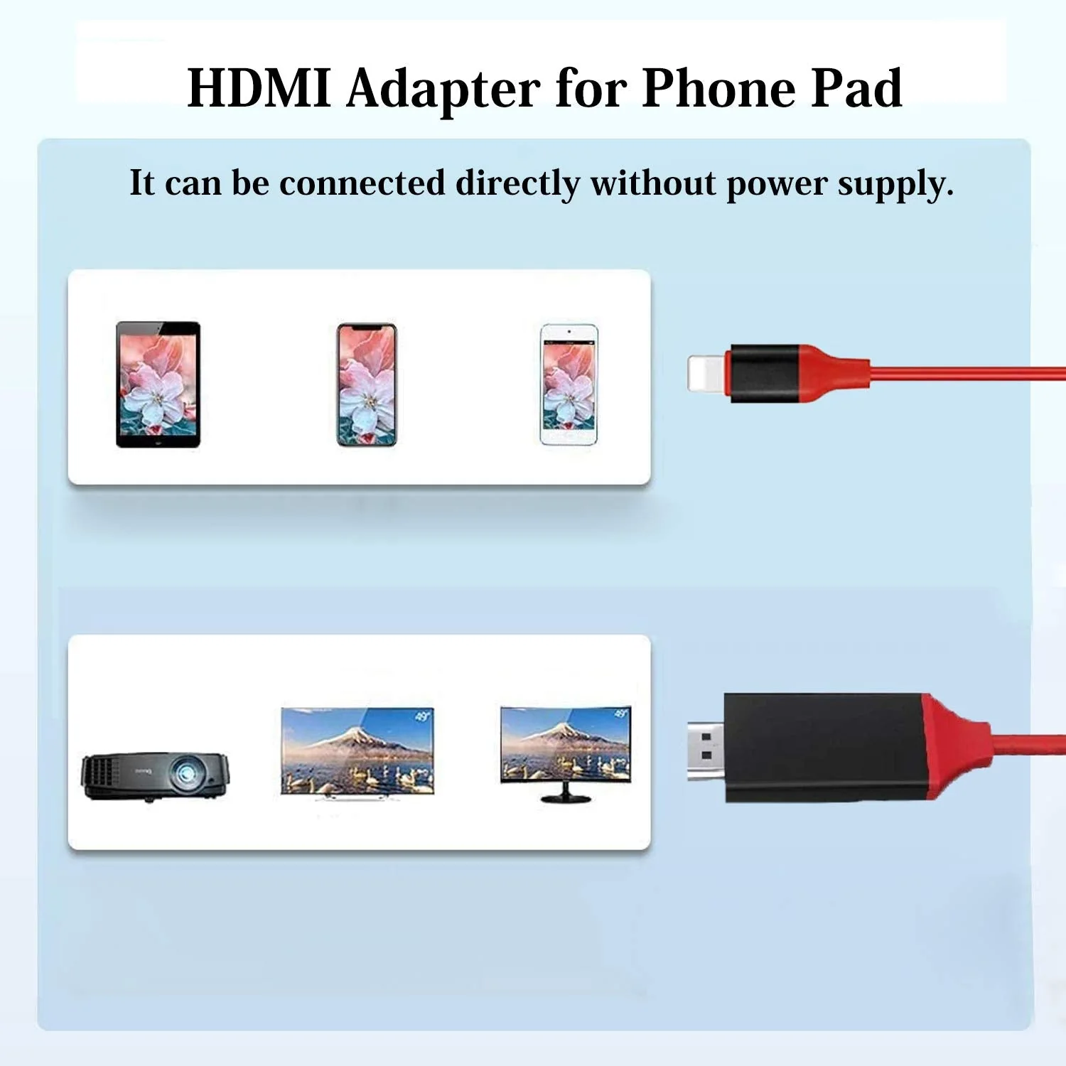 [Apple MFi Certified] Lightning to HDMI Adapter for Phone to TV,Compatible with iPhone,iPad, Sync Screen Connector Directly Connect on HDTV/Monitor/Projector NO Need Power Supply （6.6 Feet）(red) red - Image 2
