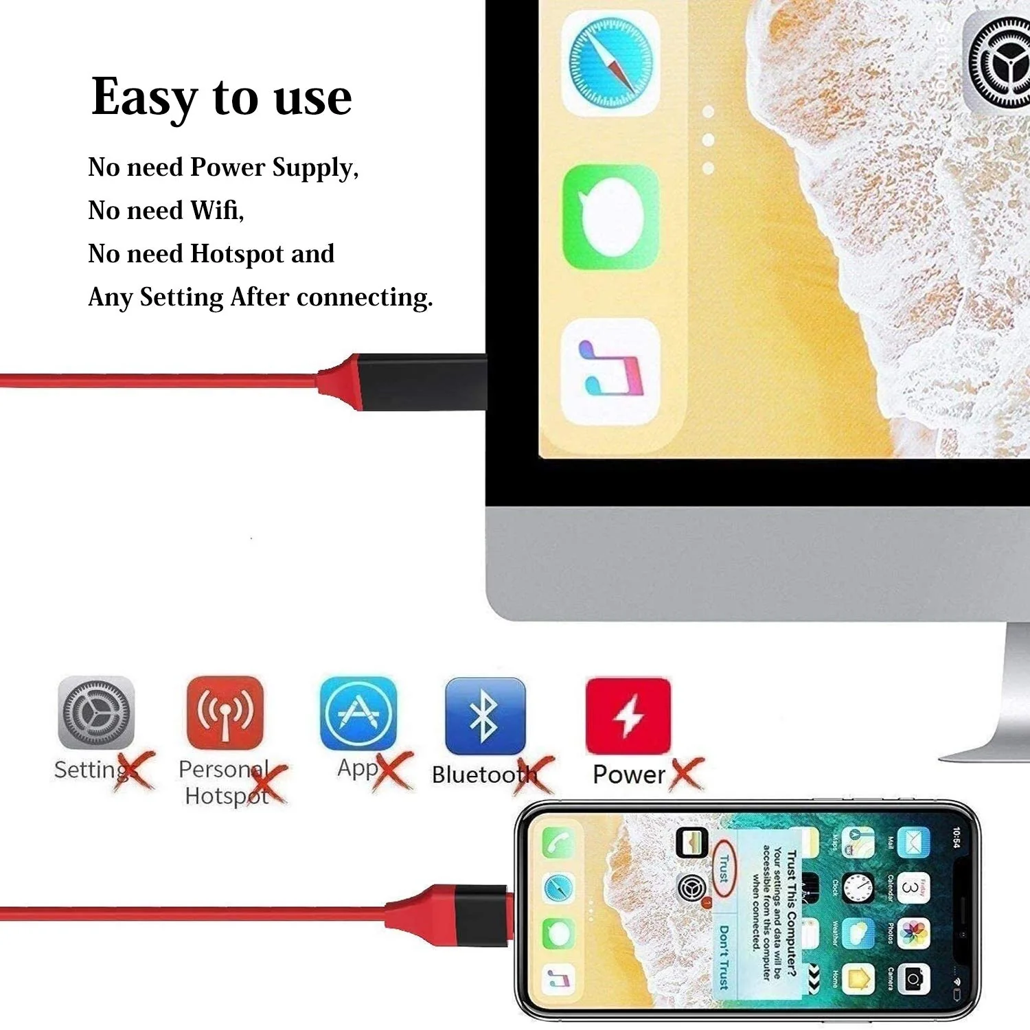 [Apple MFi Certified] Lightning to HDMI Adapter for Phone to TV,Compatible with iPhone,iPad, Sync Screen Connector Directly Connect on HDTV/Monitor/Projector NO Need Power Supply （6.6 Feet）(red) red - Image 3
