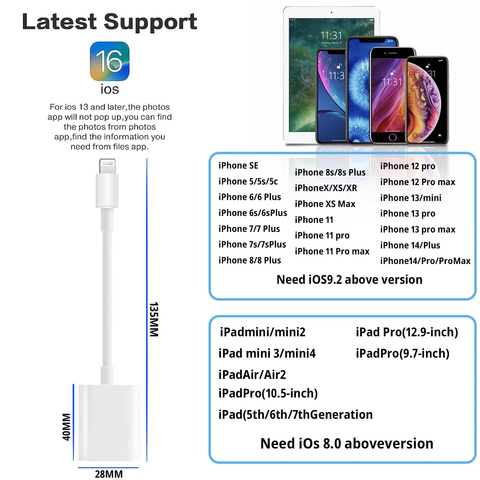 [Apple MFi Certified] Lightning to USB Camera Adapter with Charging Port, Portable USB 3.0 Female OTG Cable for iPad to Connect Card Reader USB Flash Drive, Compatible for iPhone iPad white - Image 6